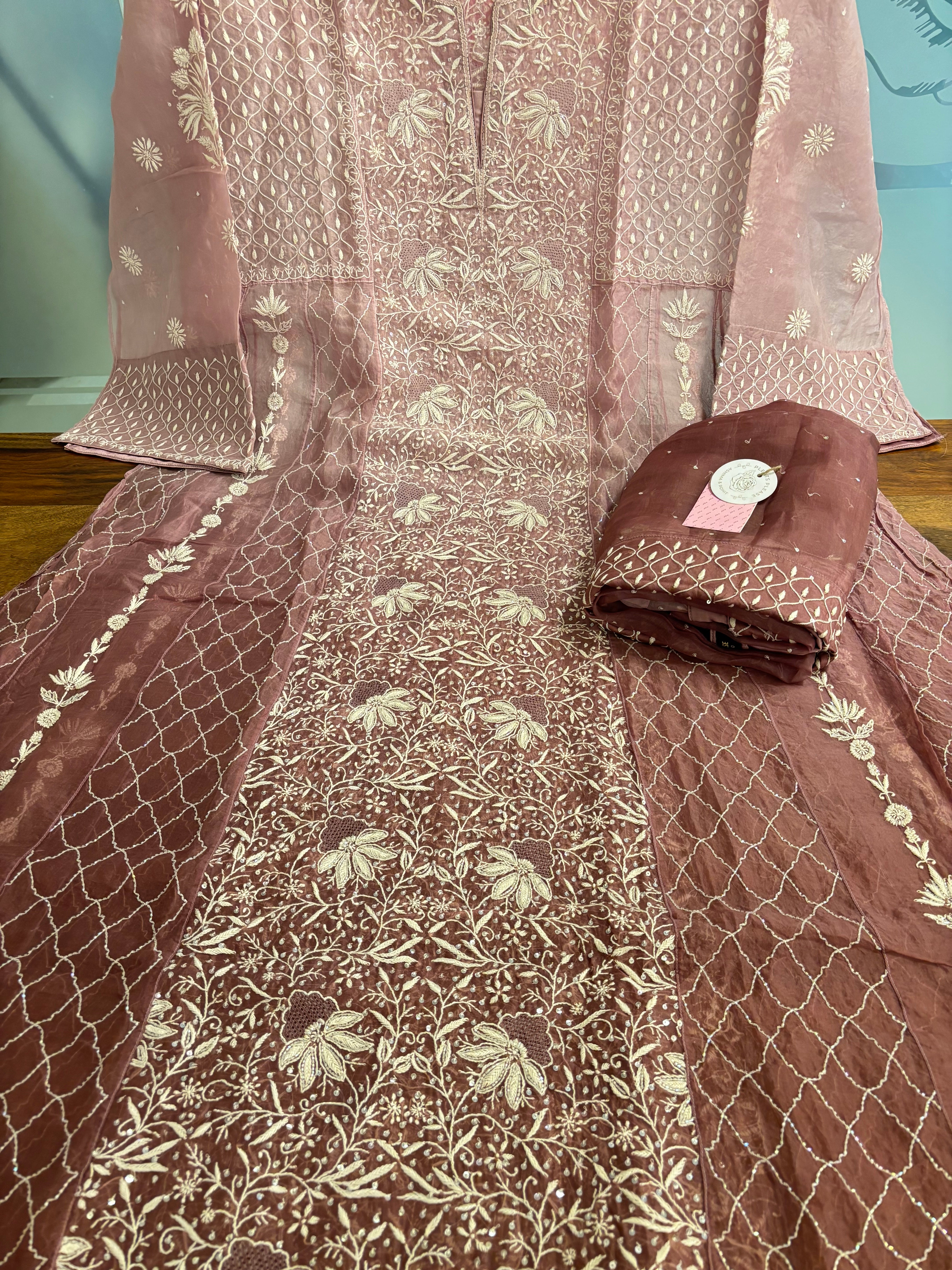 Garnet Ombré Pure Organza Chikankari Anarkali & Dupatta Set