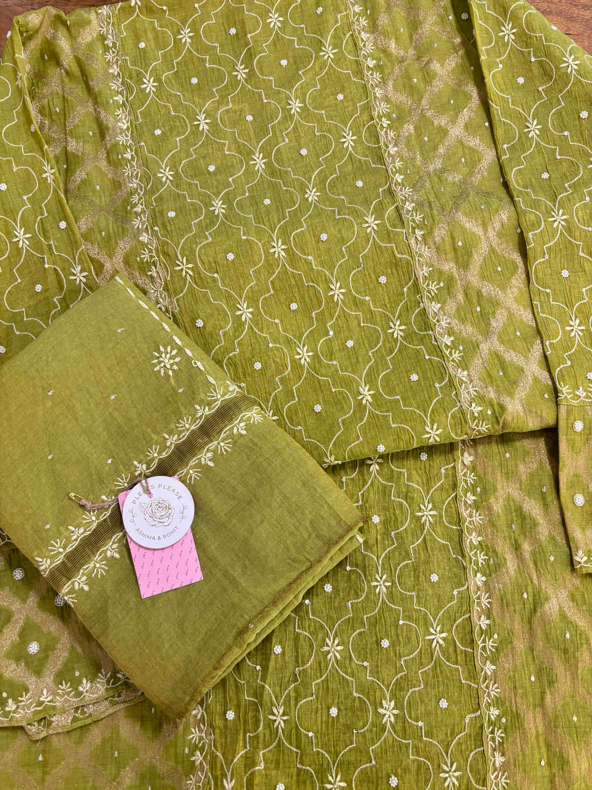 Bright Green Tissue Chanderi Chikankari Kurta & Dupatta