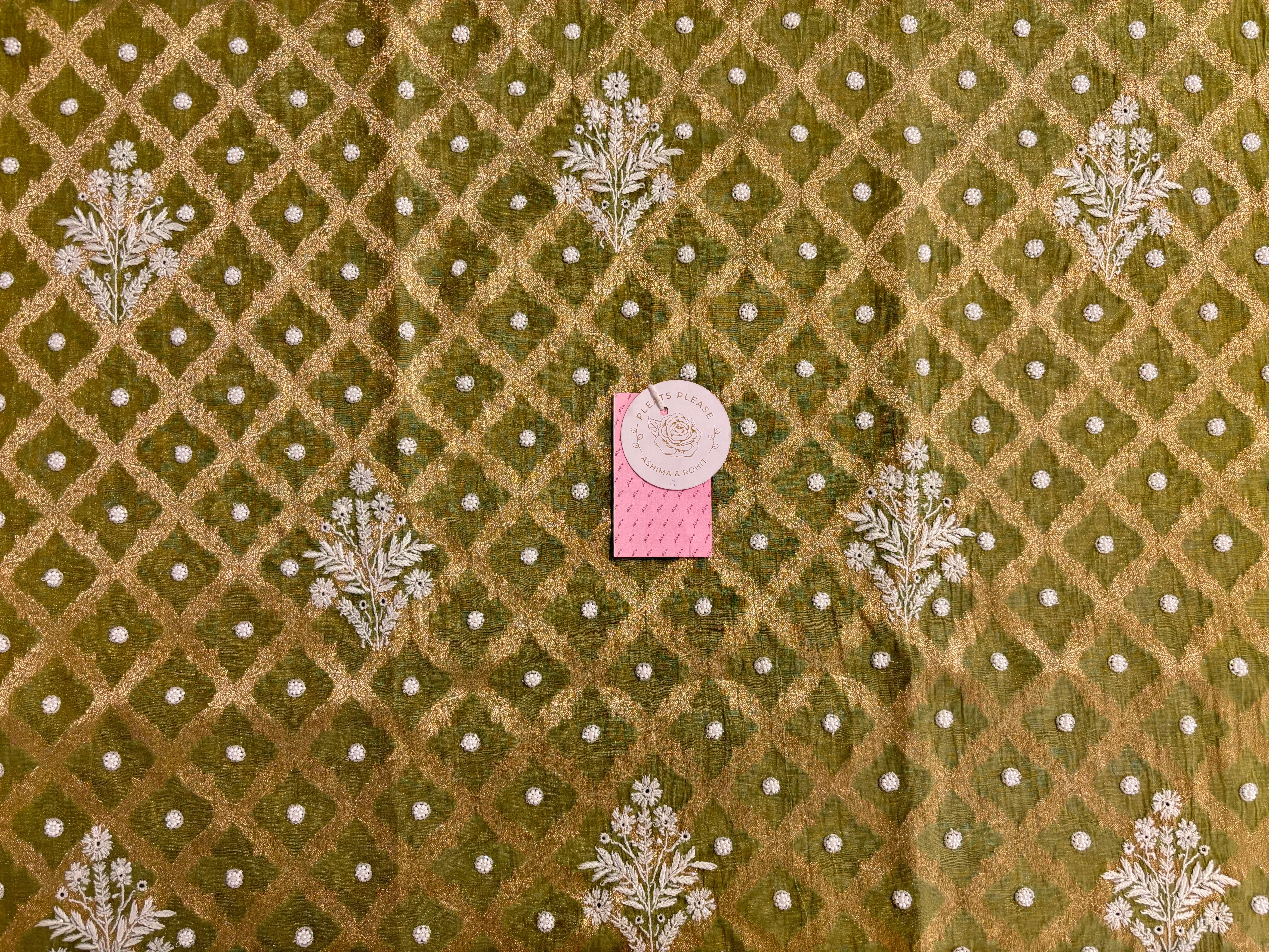 Olive Green Pure Tissue Chanderi Banarasi Silk Chikankari Kurta & Dupatta