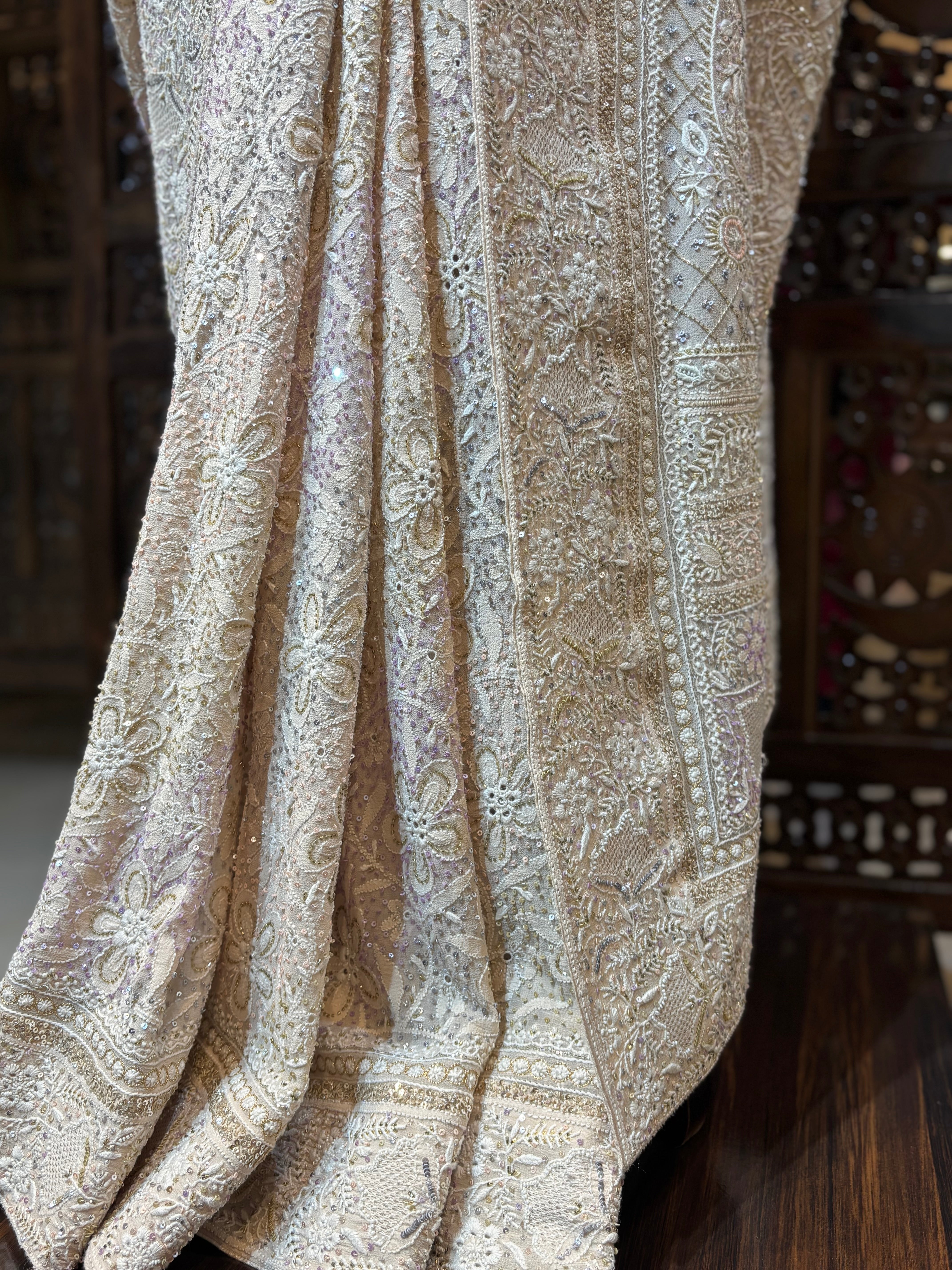 Coffee Cream Pure Georgette Chikankari Saree and Blouse - Pleats PleaseChikankari