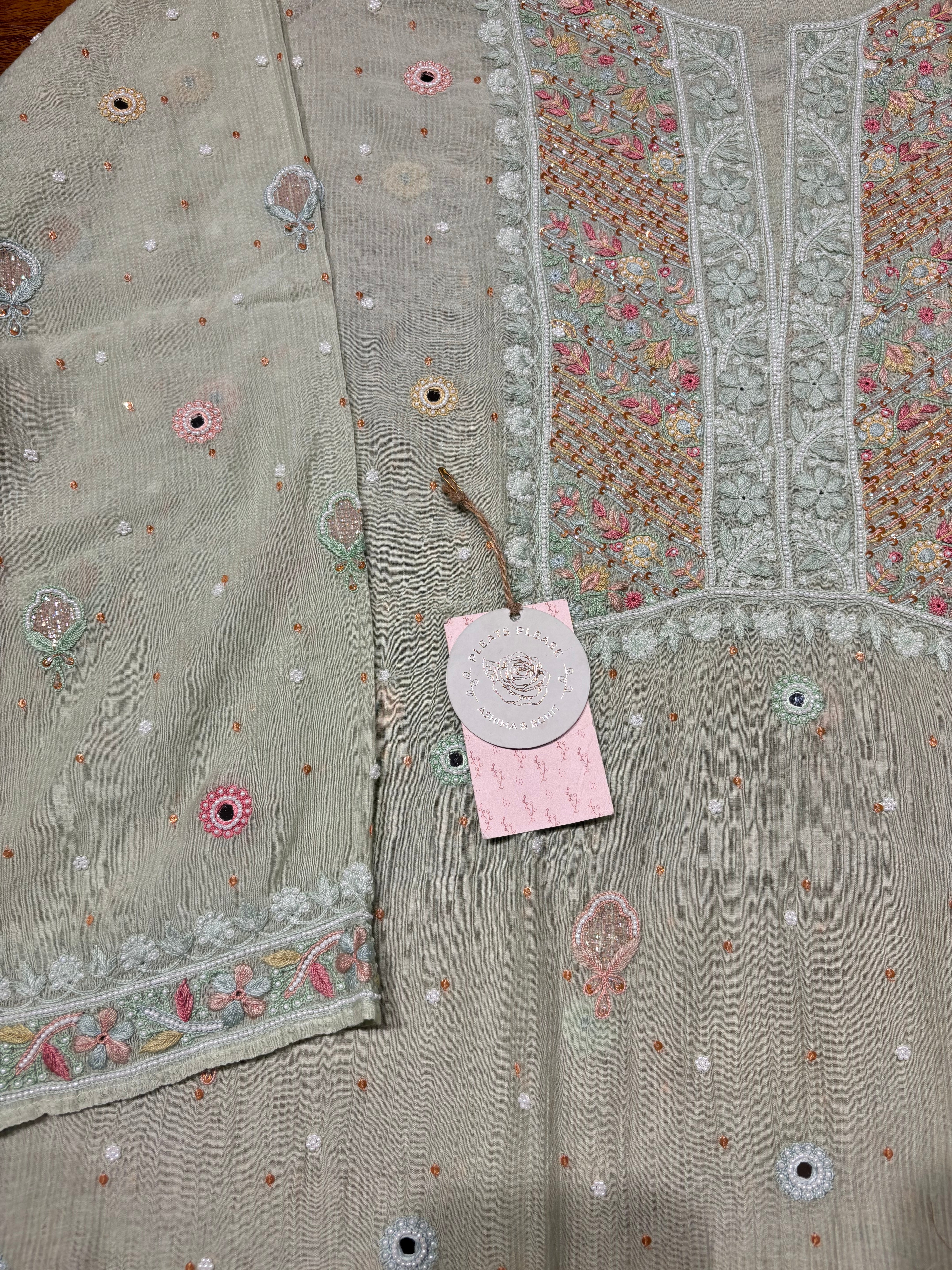 Mint Green Chanderi Mul Chikankari Kurta and Dupatta