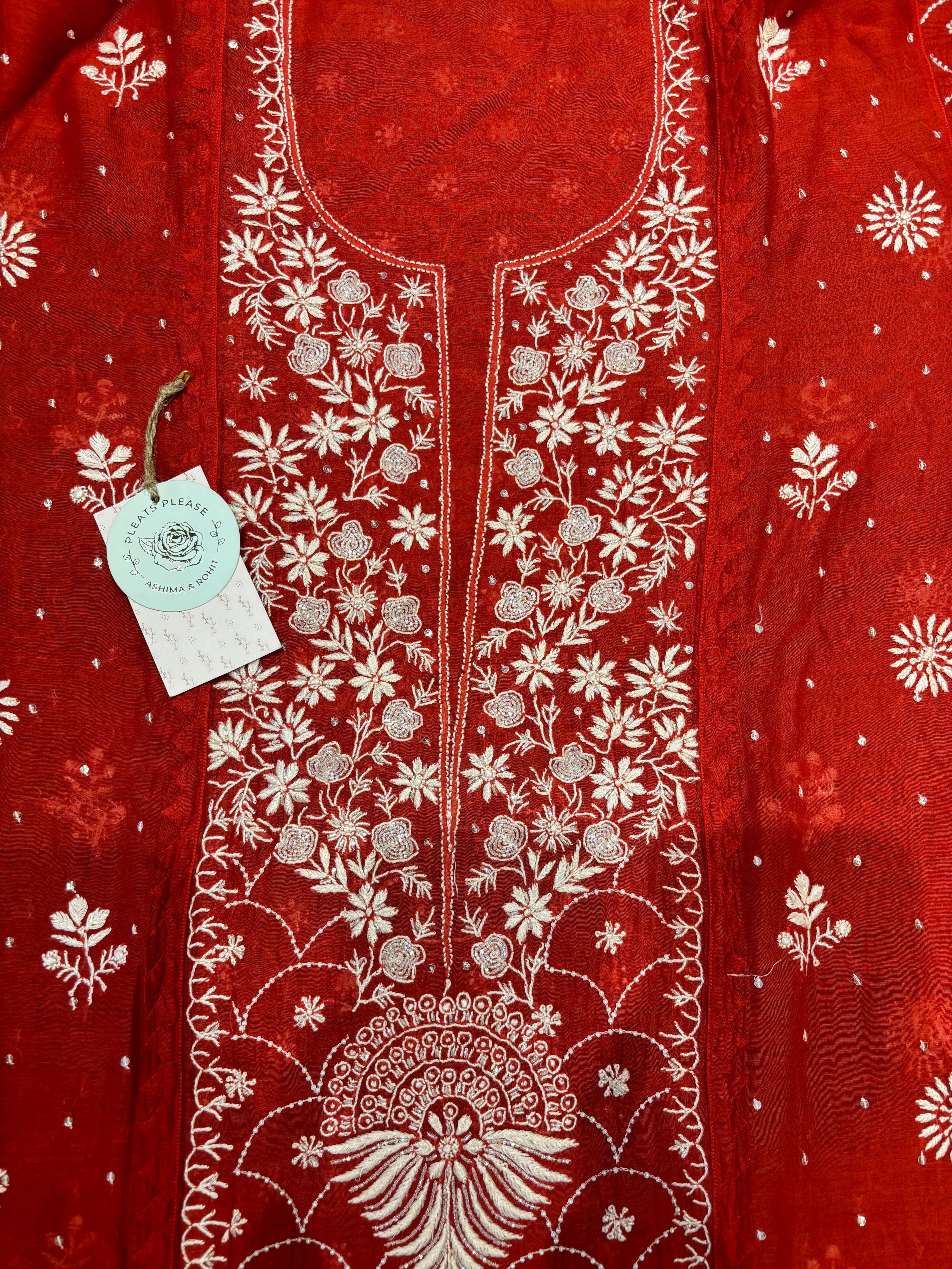 Red Chanderi Mul Chikankari Kurta and Dupatta set