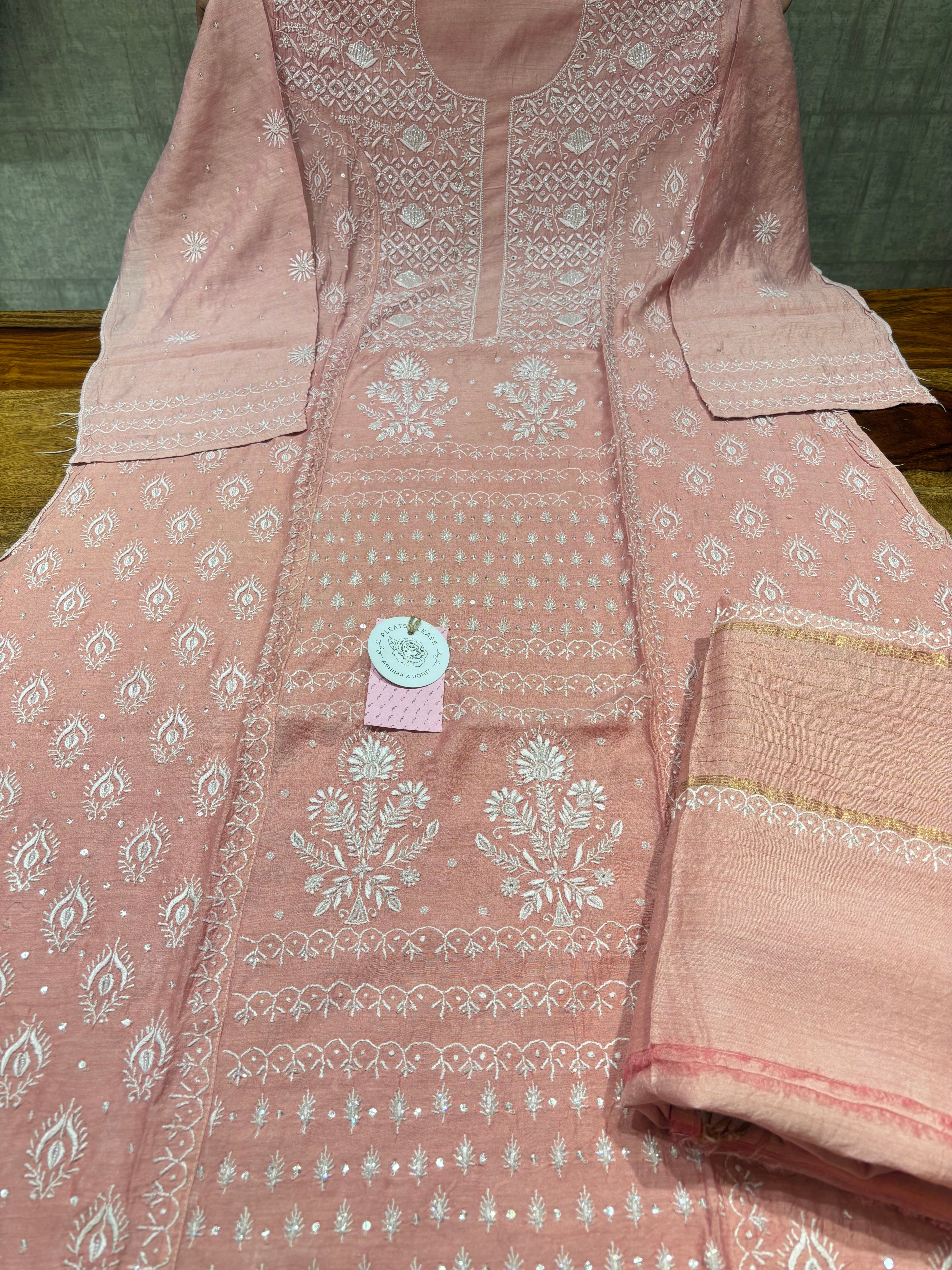 Pink Ombre Pure & Premium Monga Silk Chikankari Kurta & Dupatta Set