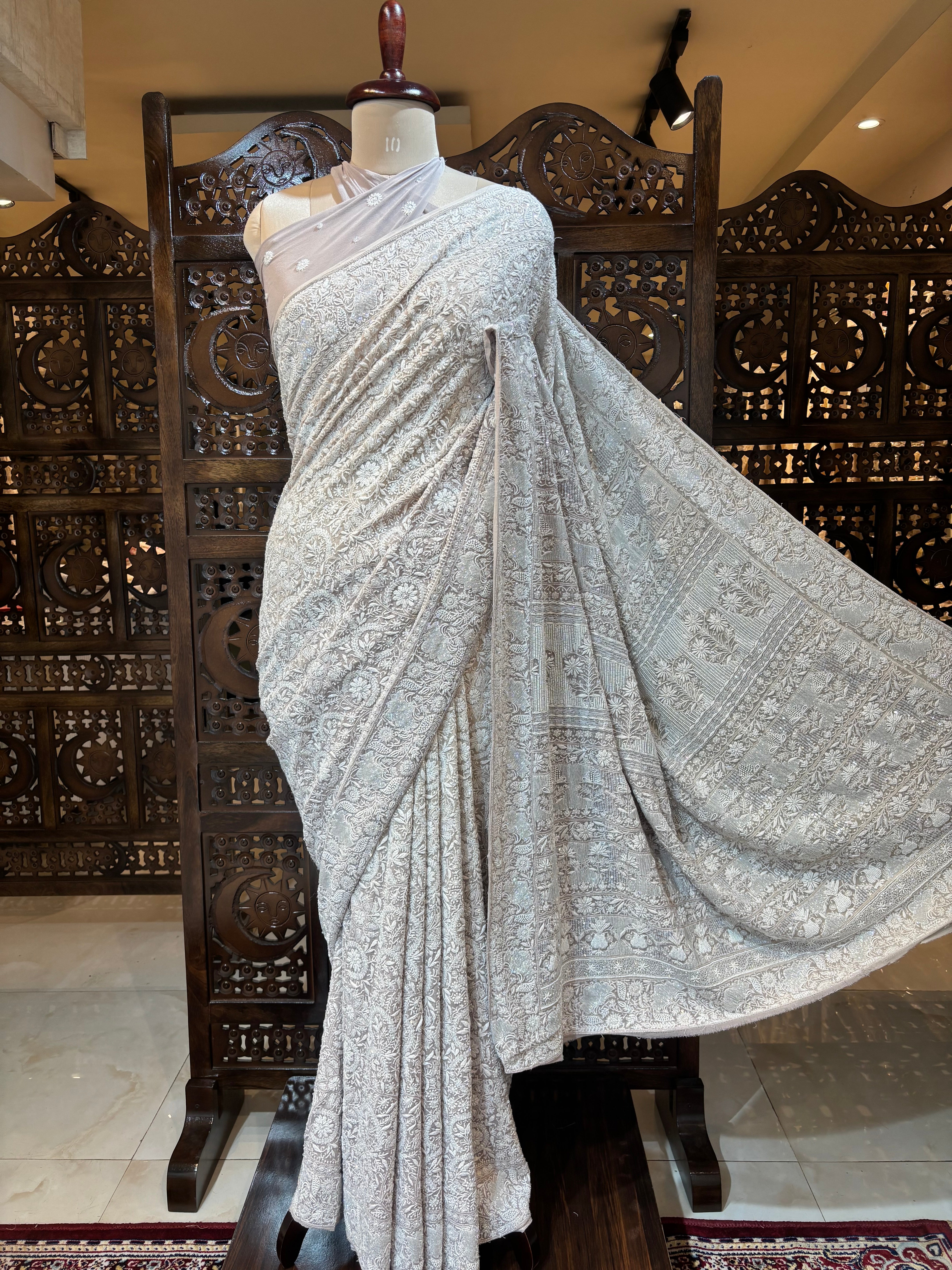 Hazelnut Brown Ombre Pure & Premium Georgette Chikankari Saree & Blouse