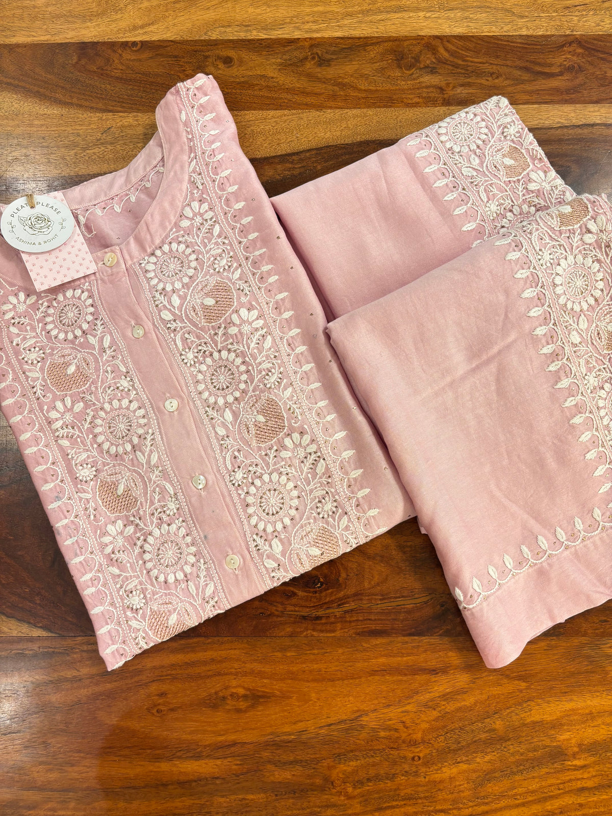 Pink Chanderi Silk Chikankari Mukaish Co-Ord Set