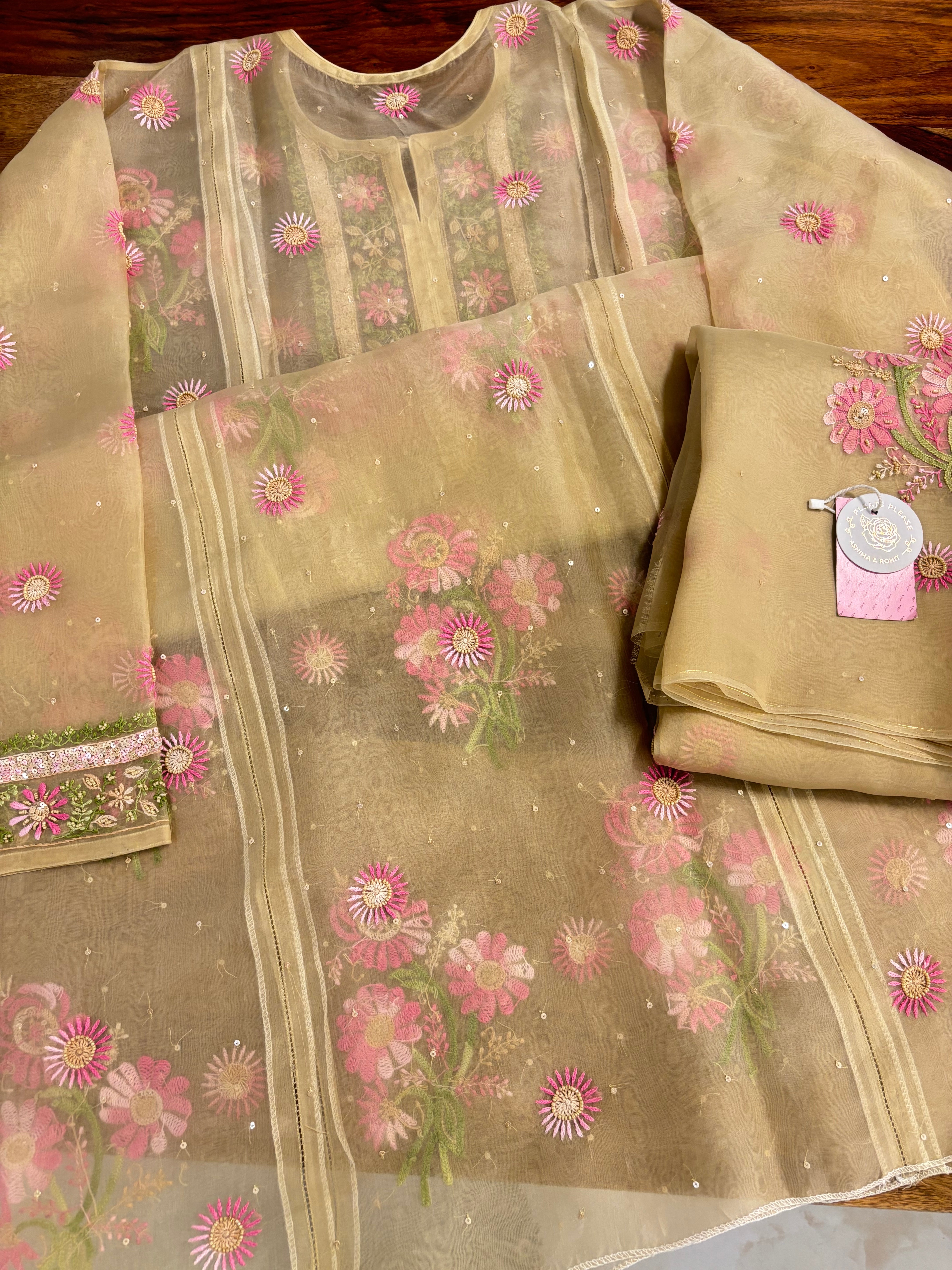 Golden Pure Organza Silk Chikankari Kurta & Dupatta