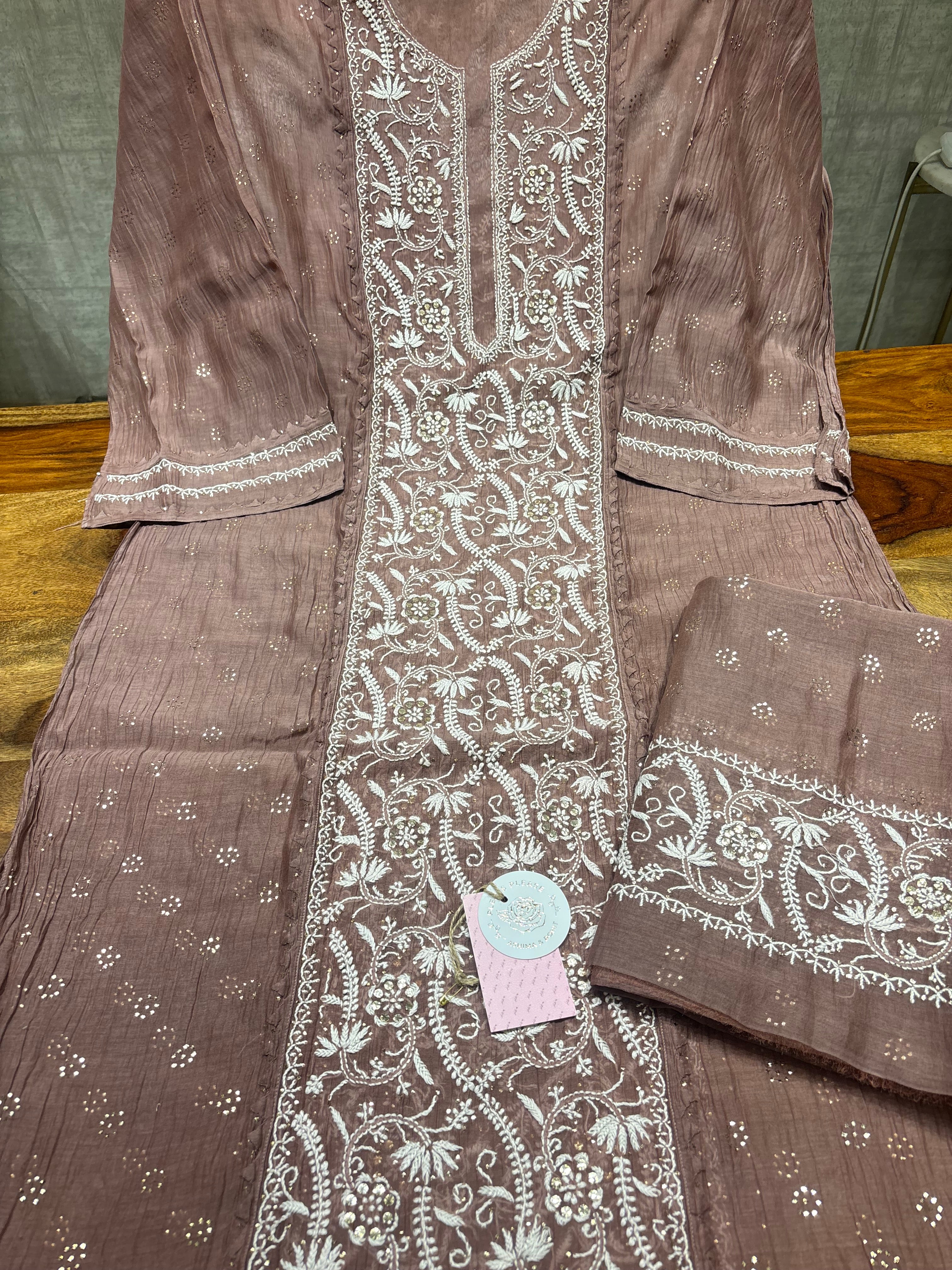 Rosewood Chanderi Mul Chikankari Kurta & Dupatta Set