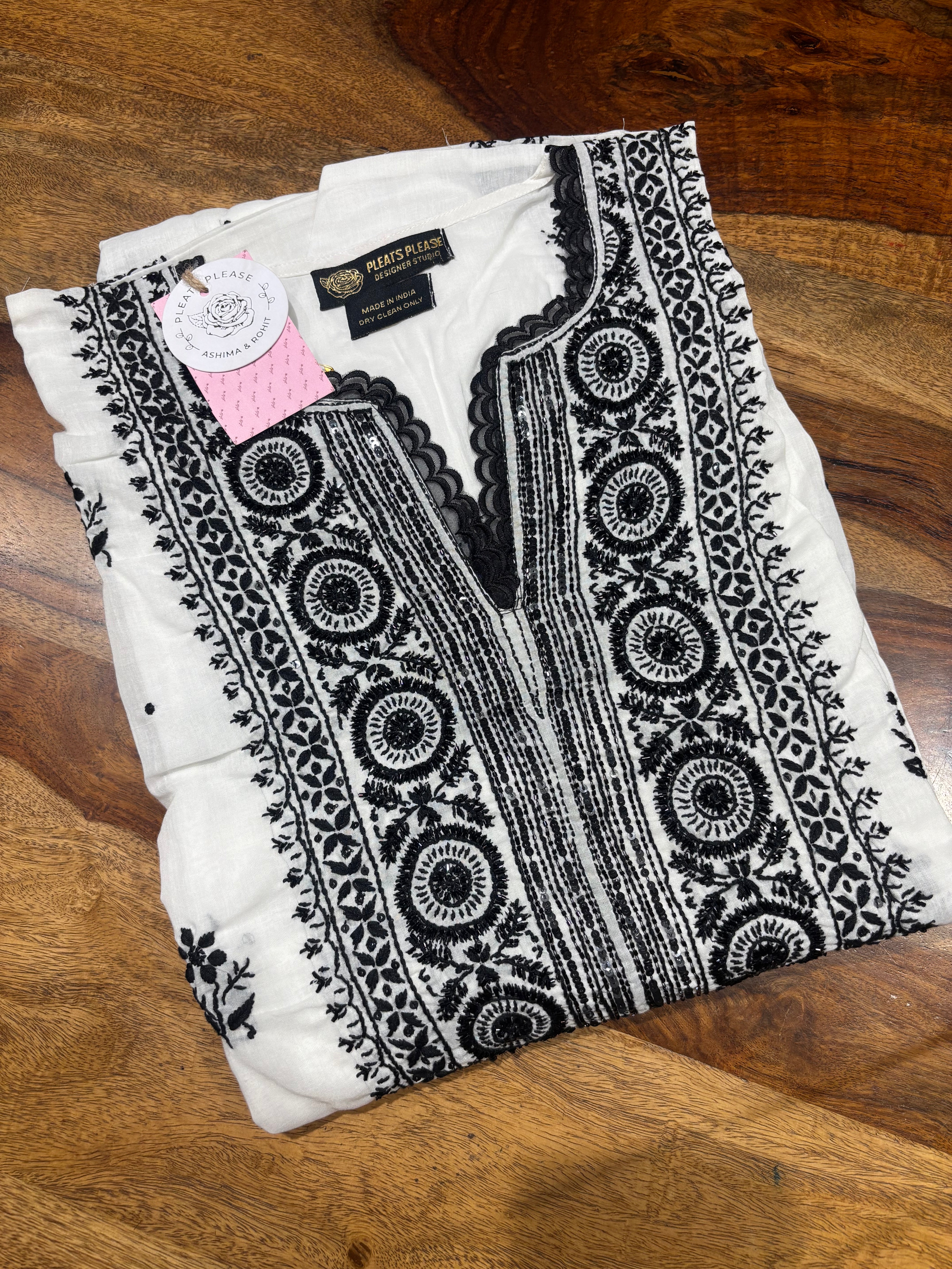 White & Black Chikankari MulMul Kurta Fabric