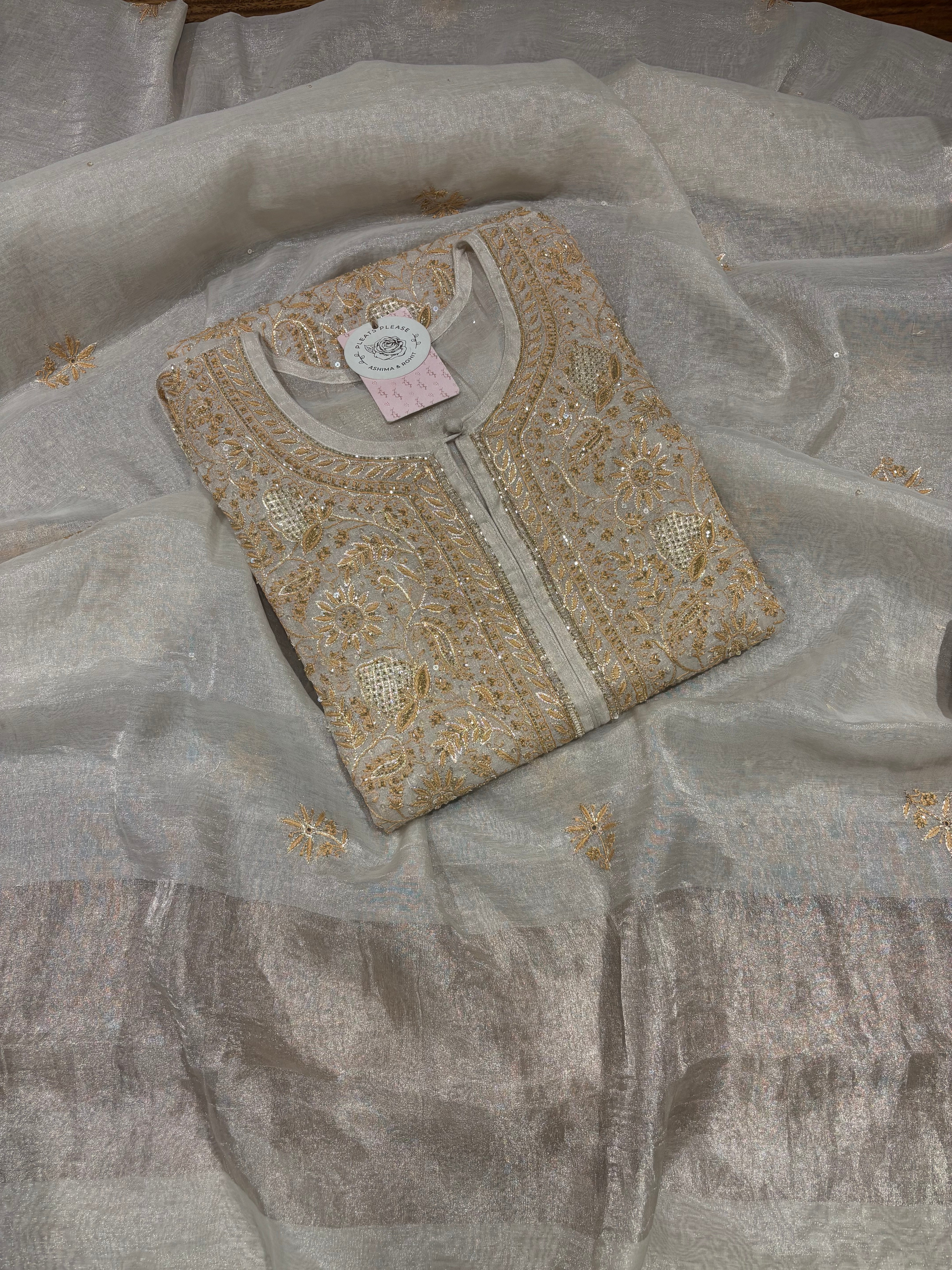 Dyeable Pure & Premium Silver Tissue Chikankari Kurta & Dupatta Set