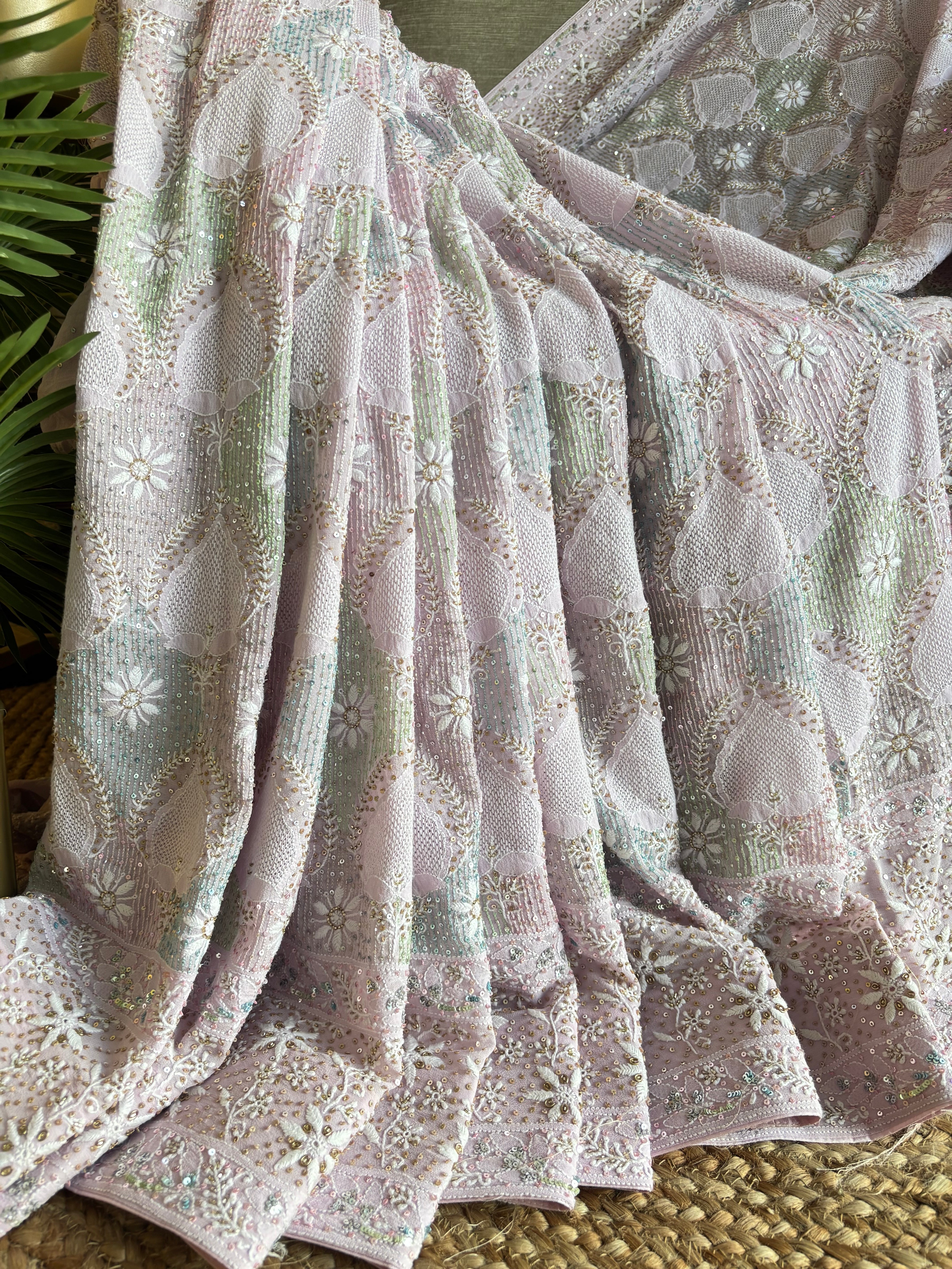 Lilac Pure Georgette Chikankari Saree and Blouse