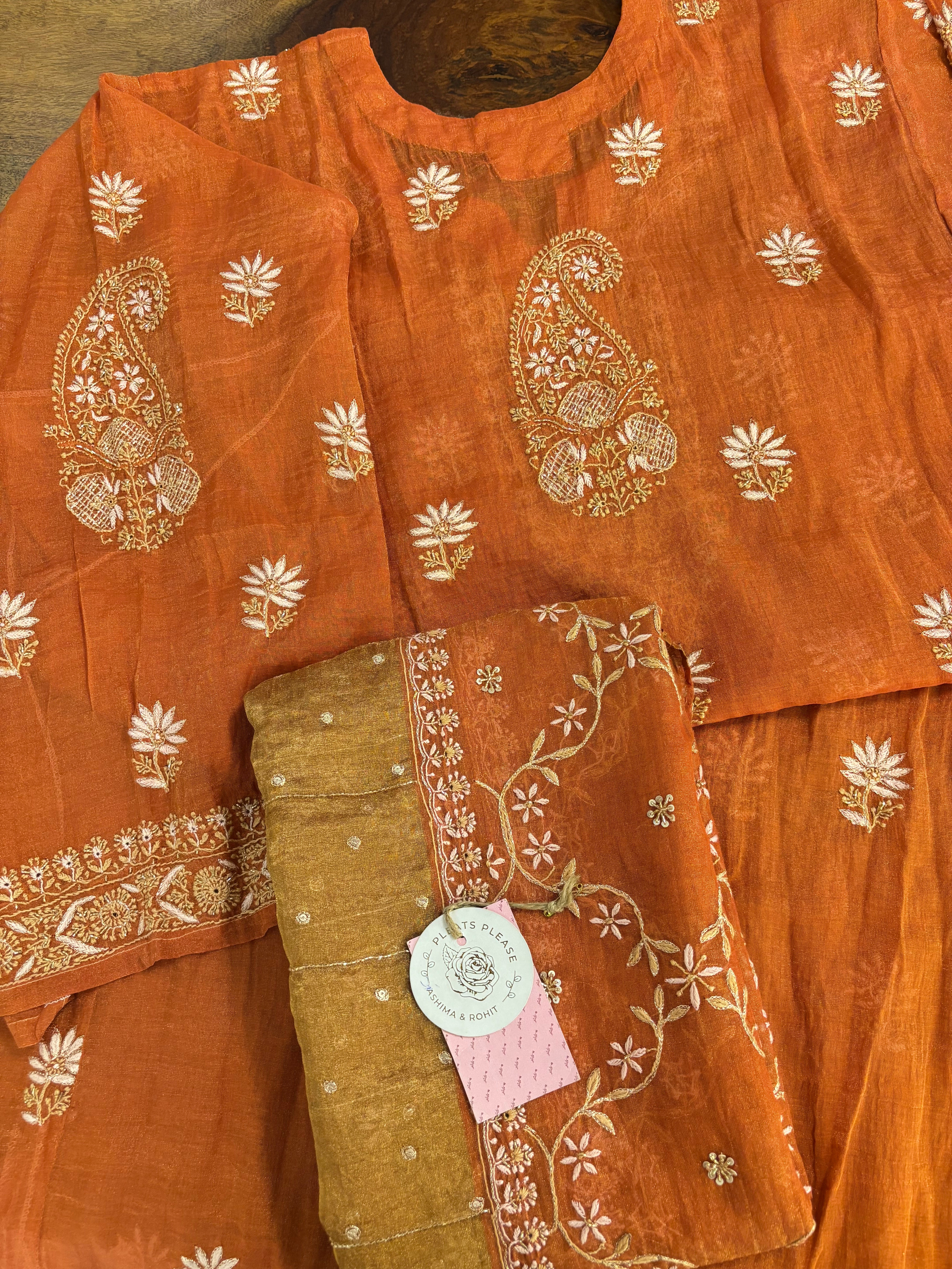 Burnt Orange Pure & Premium Tissue Chikankari A-Line Kurta & Dupatta