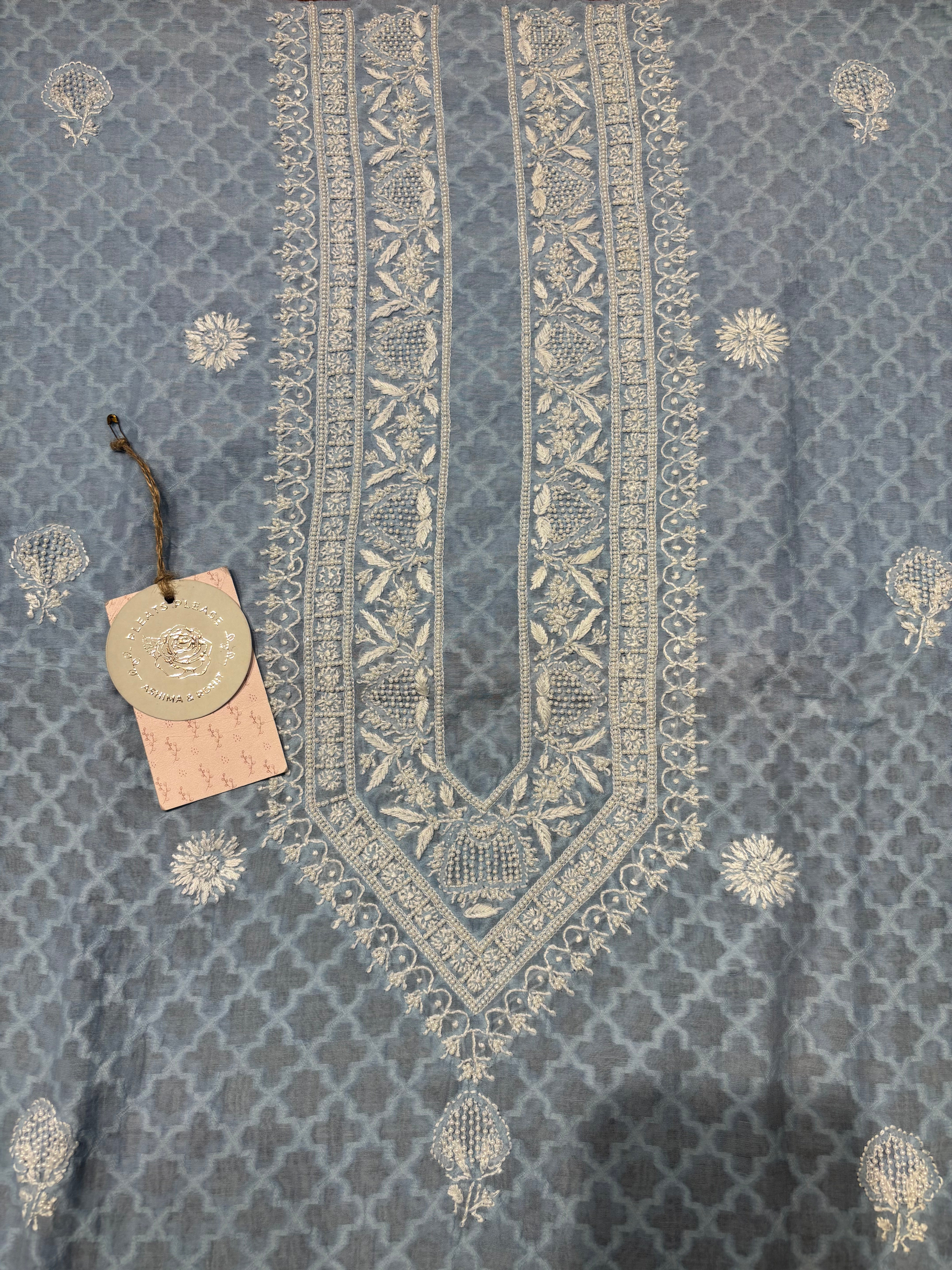 Blue Chanderi Jacquard Chikankari Men's Kurta Fabric