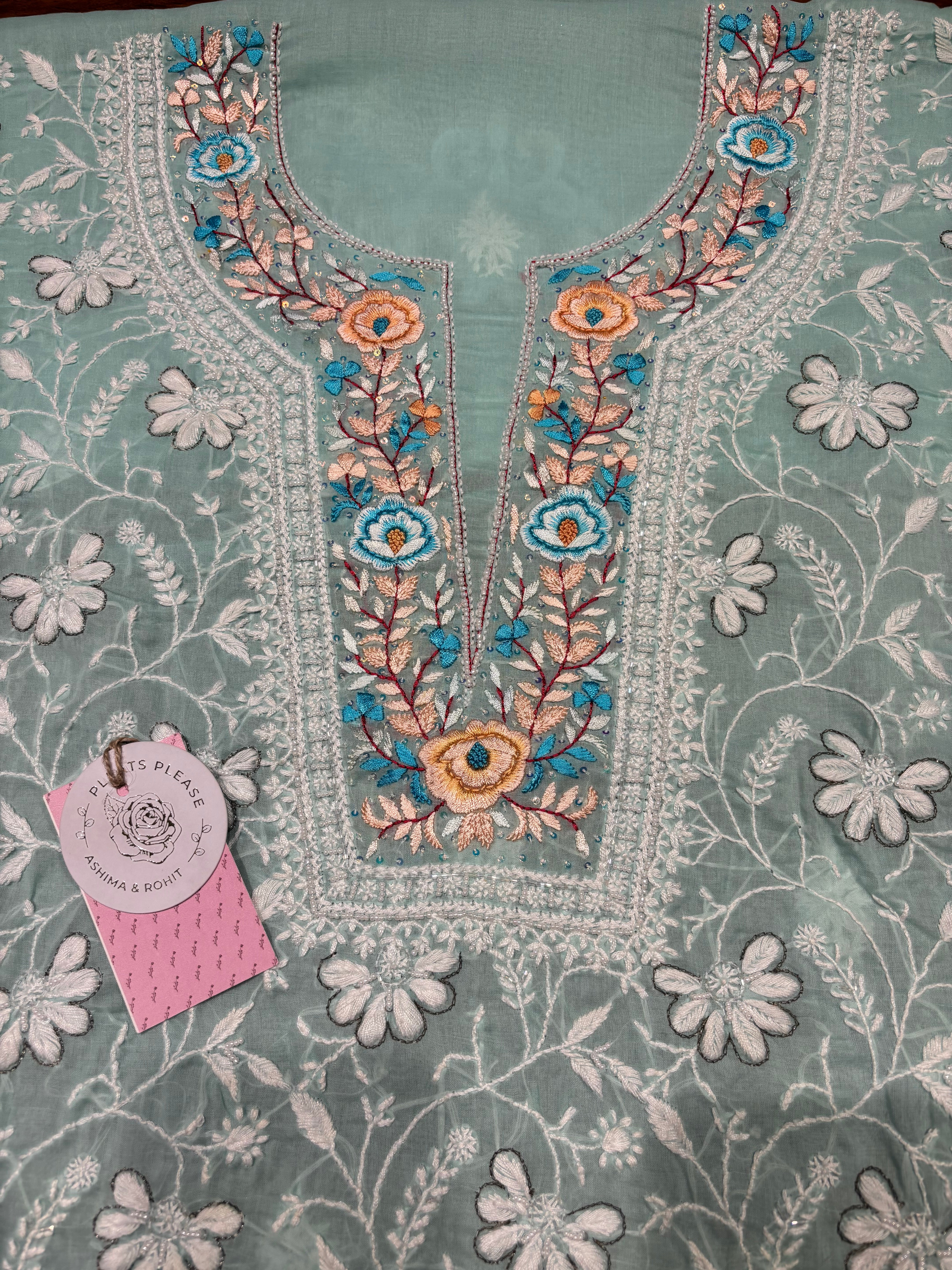 Mint Green Cotton Chikankari Kurta Fabric