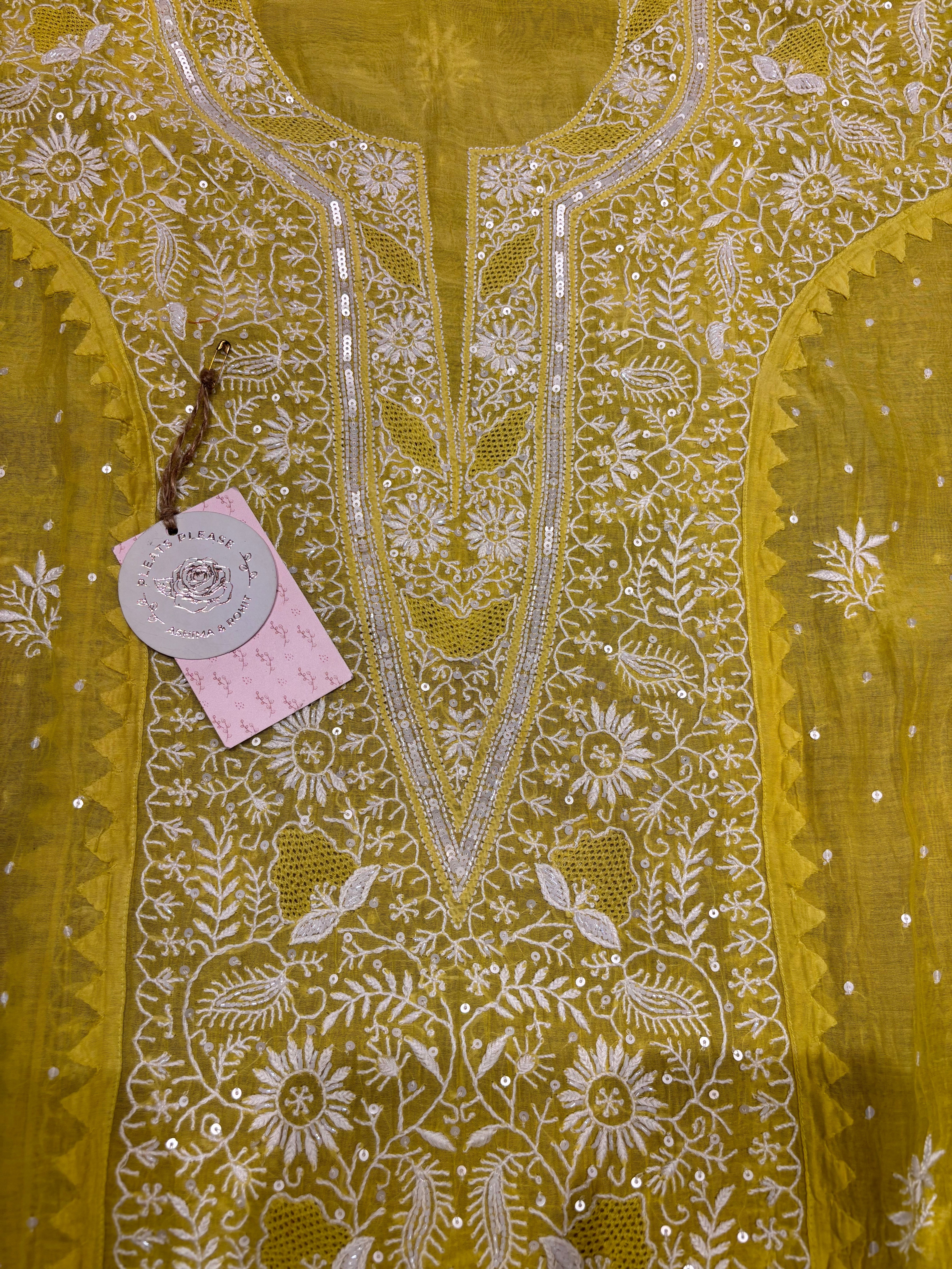 Yellow Chanderi Mul Chikankari Kurta and Dupatta set