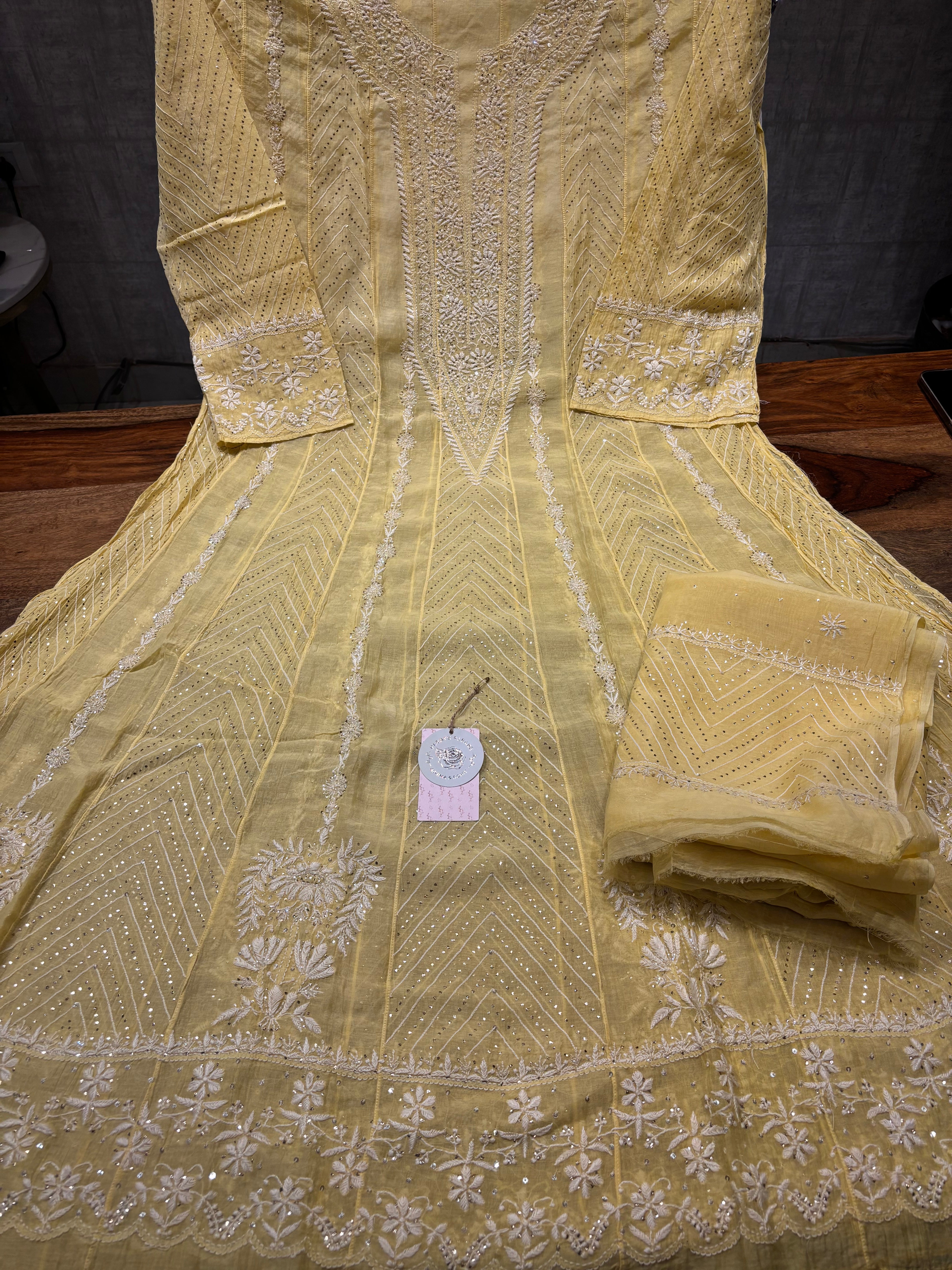 Yellow Chanderi Mul Chikankari & Mukaish Anarkali And Dupatta set