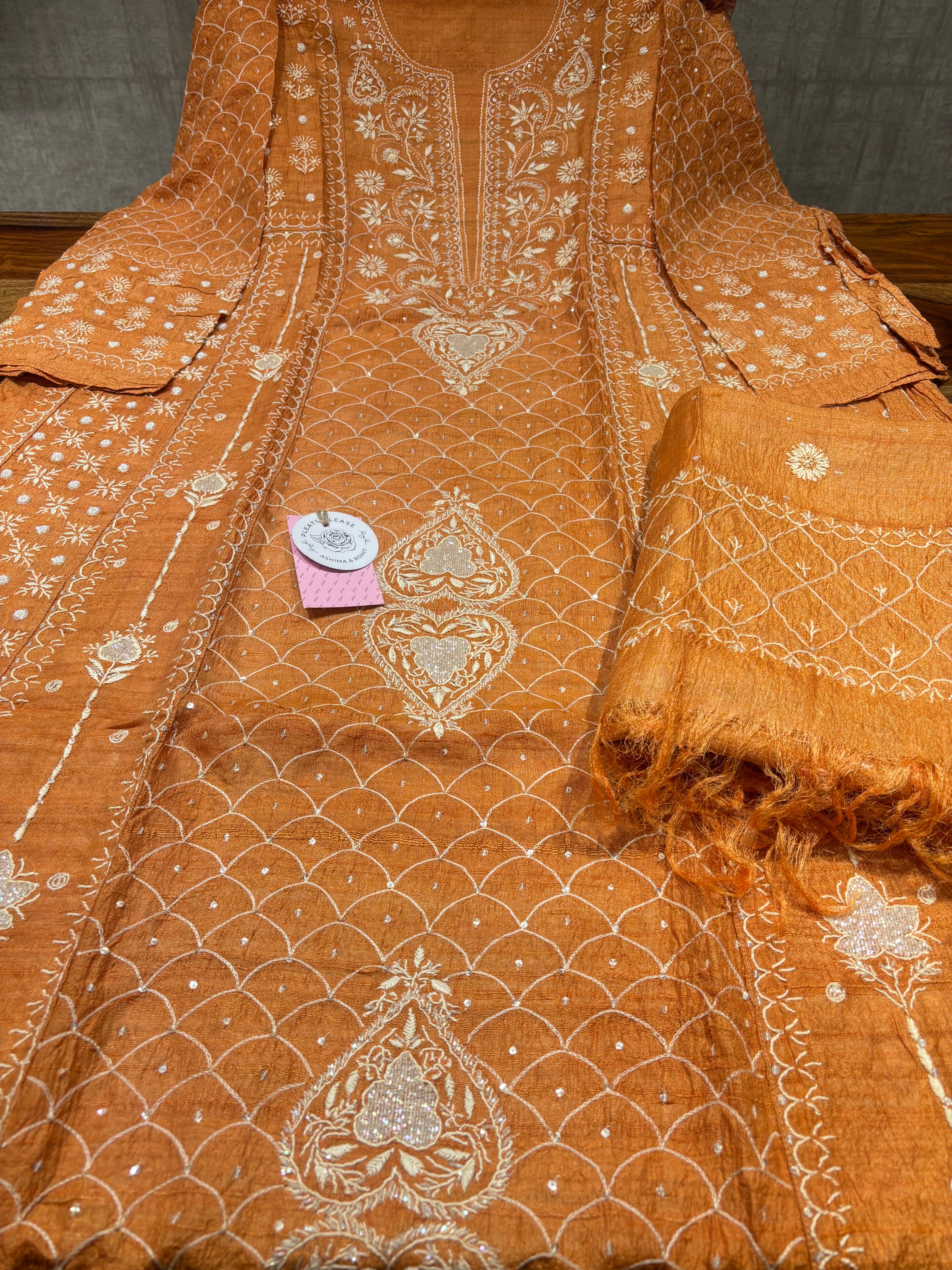 Burnt Orange Pure & Premium Tussar Silk Chikankari Anarkali & Dupatta Set