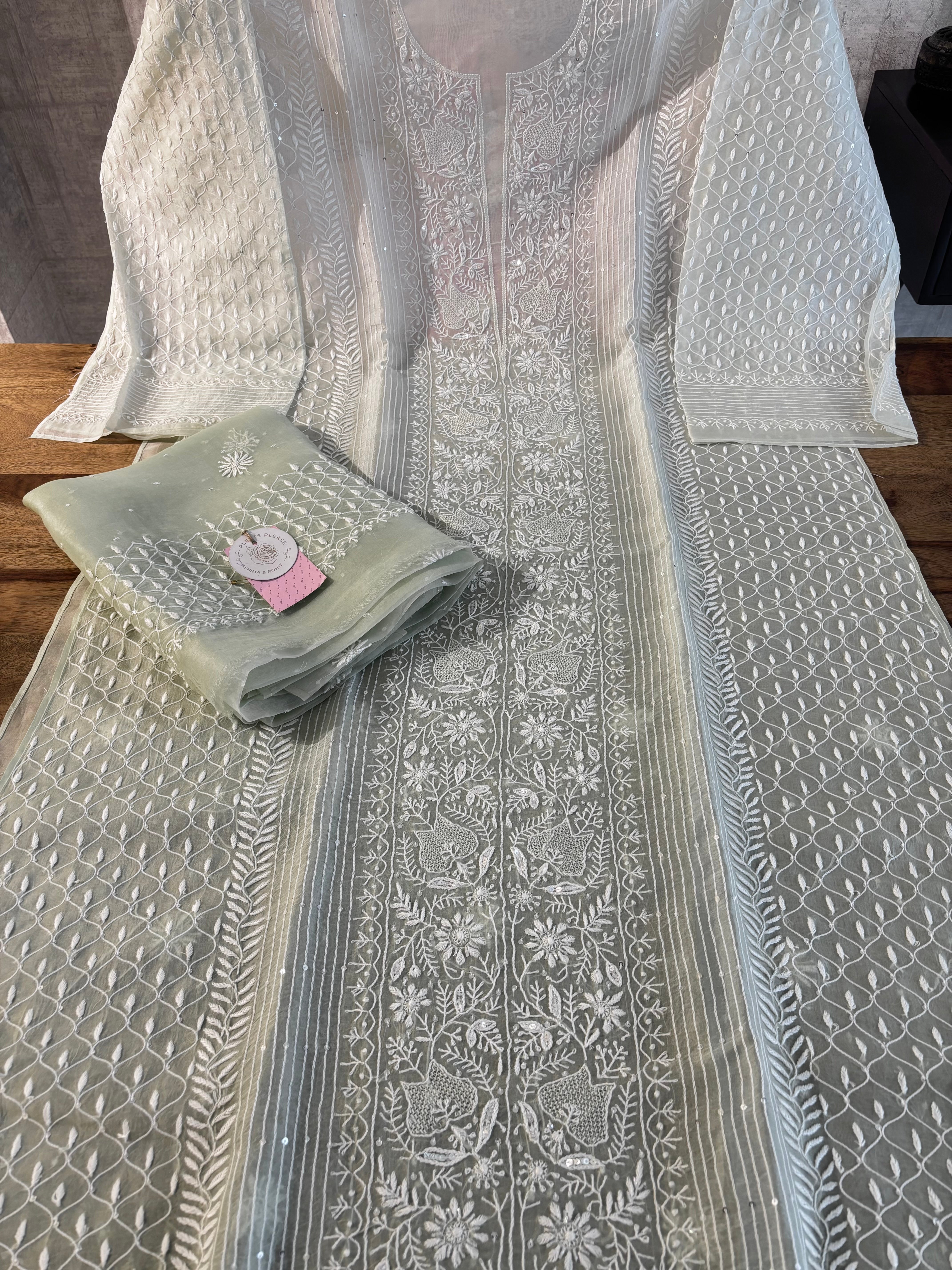 Pastel Sage Green Organza Chikankari Kurta & Dupatta