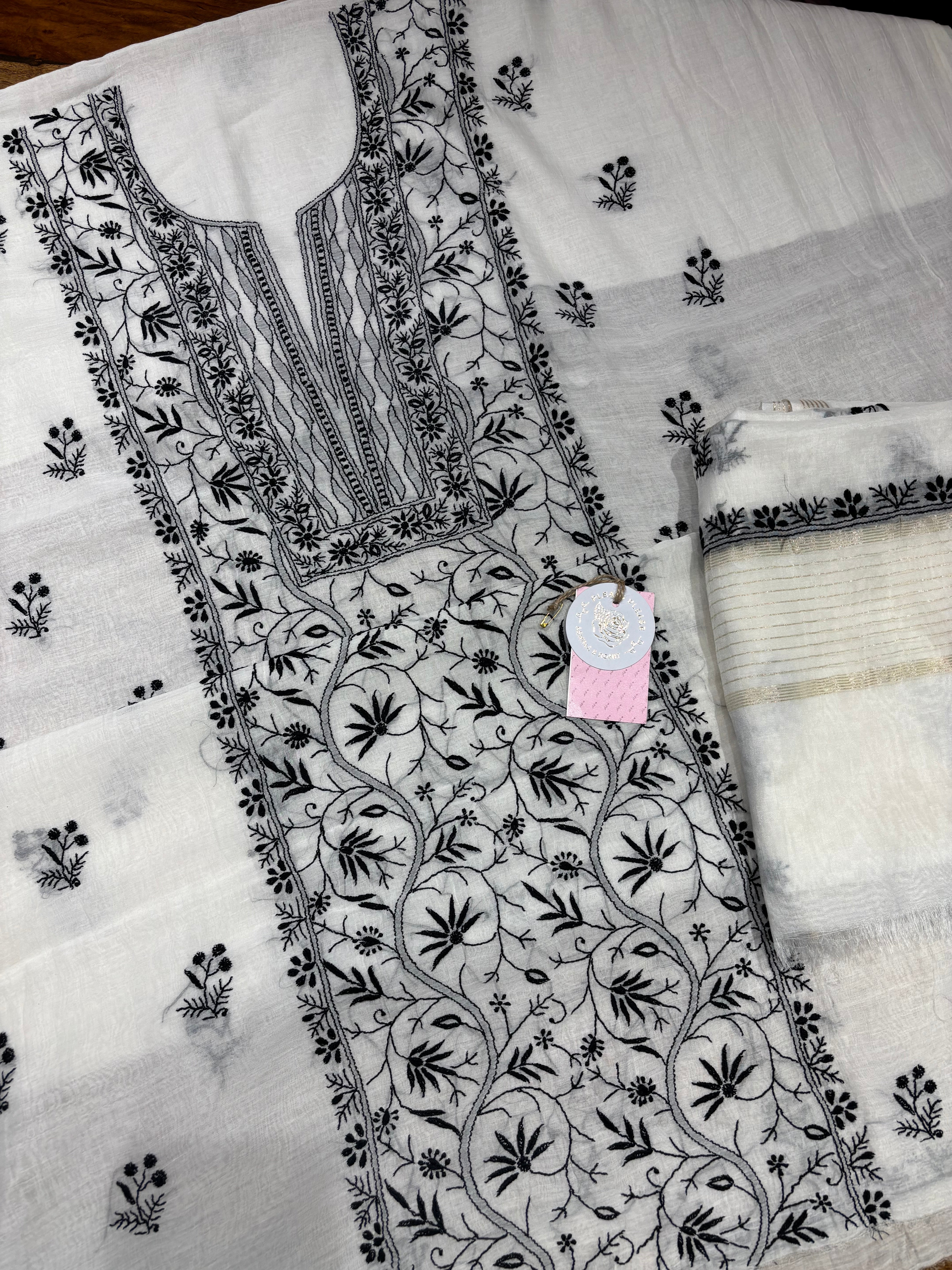 Dyeable Chanderi Mul Chikankari Kurta & Dupatta Fabric