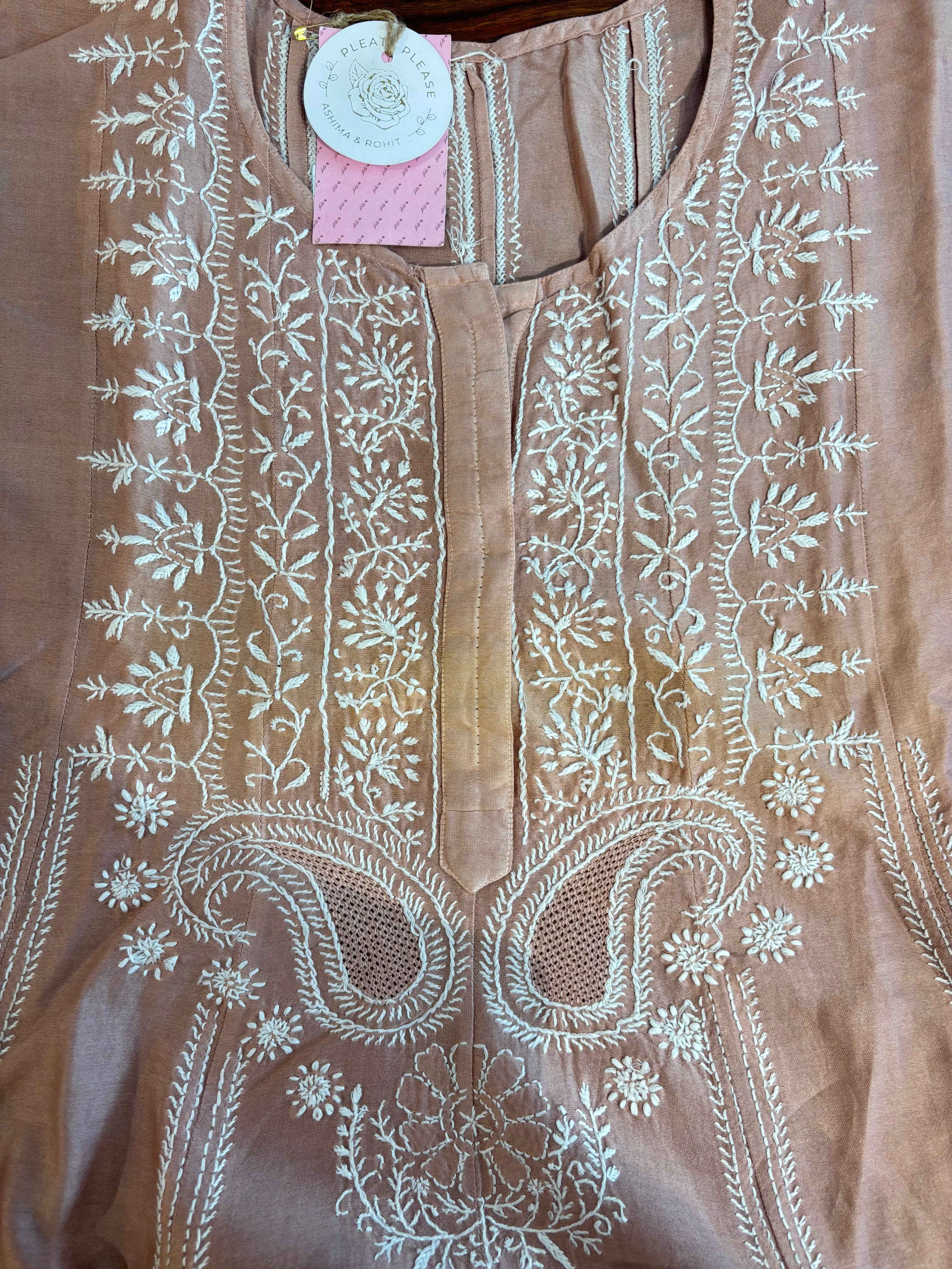 Dusty Peach Chanderi Chikankari Anarkali & Dupatta Set