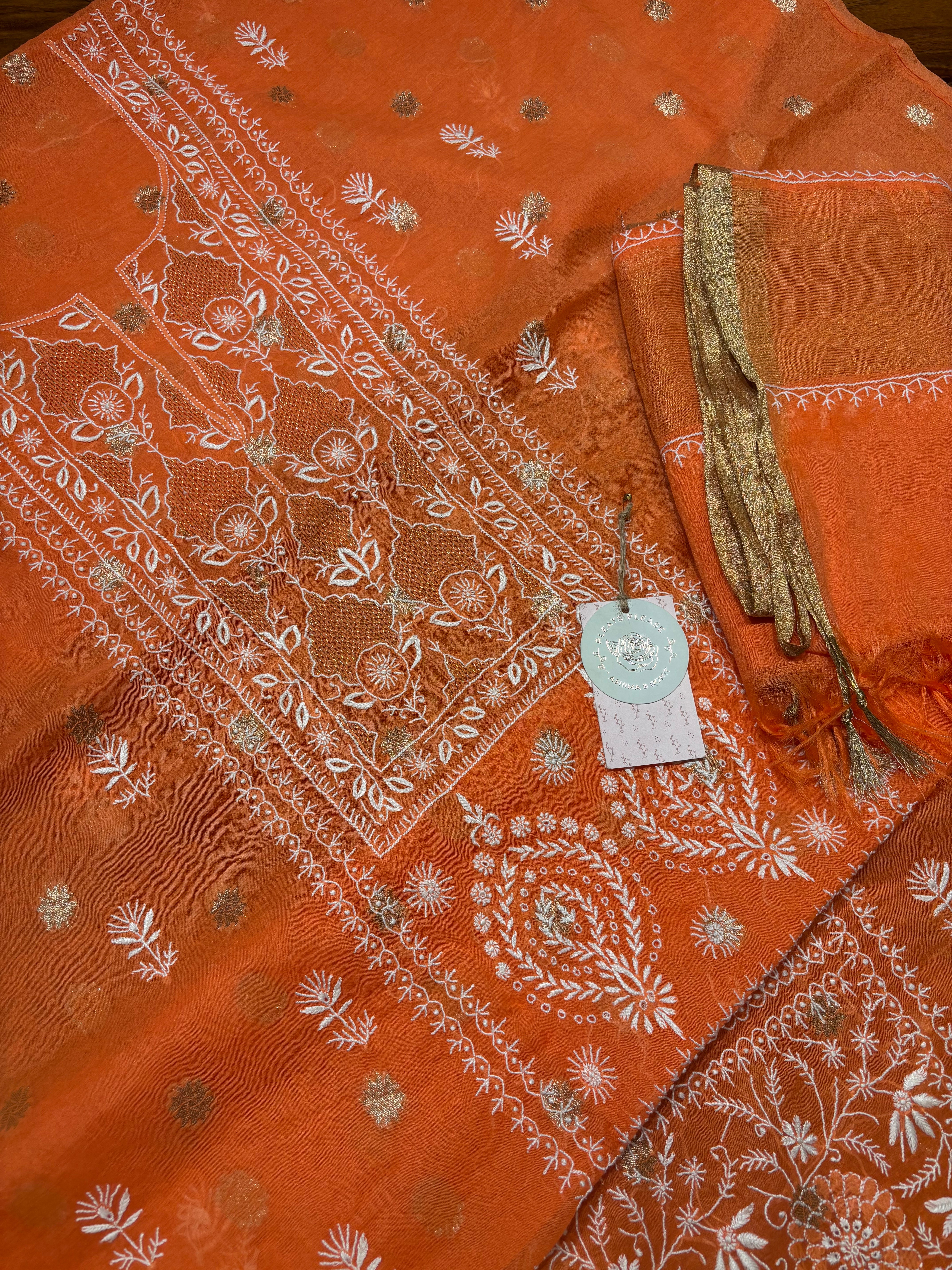 Burnt Orange Chanderi Silk Chikankari Kurta And Dupatta Fabric