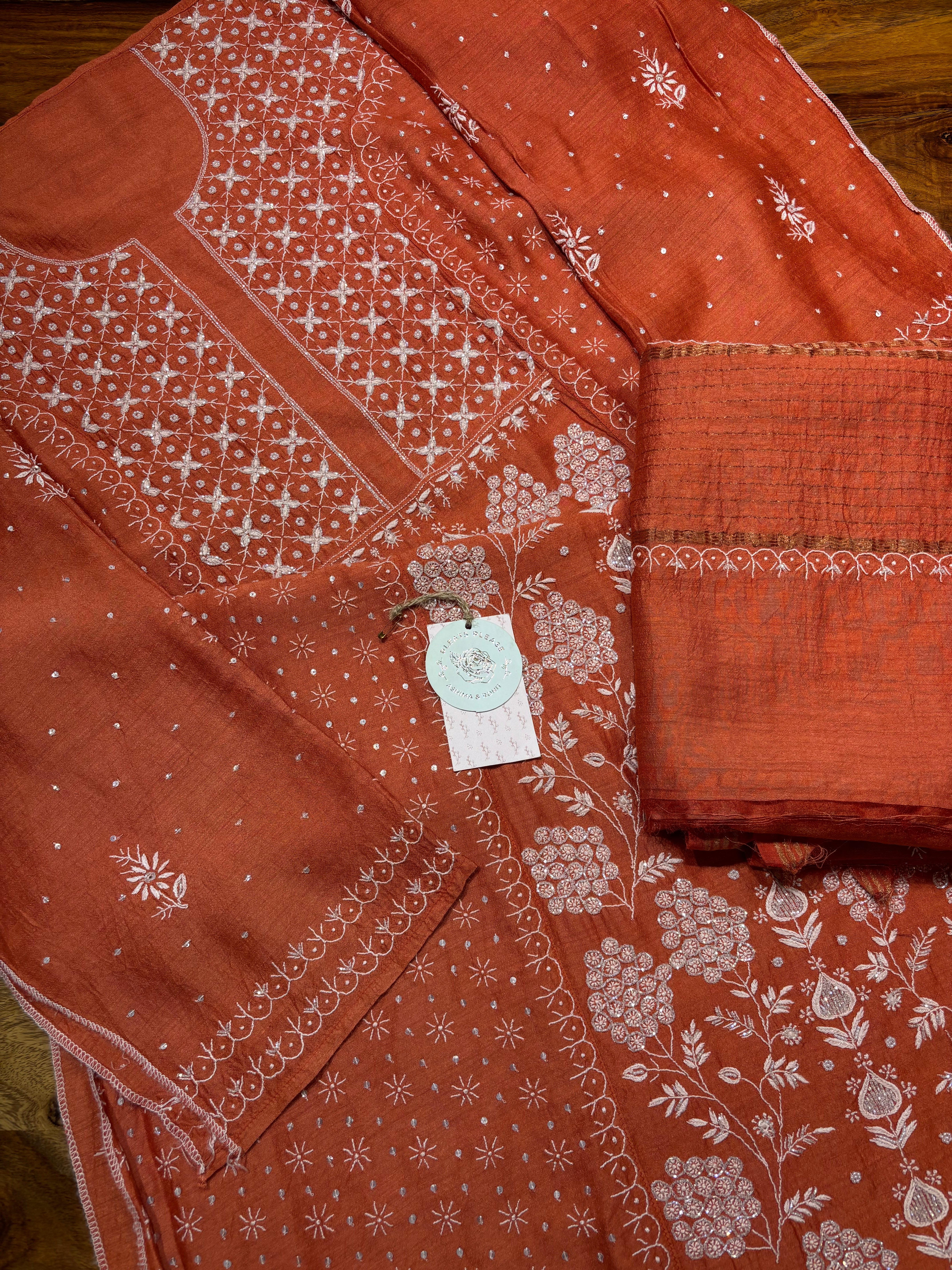 Outrageous Orange Monga silk Chikankari Kurta and Dupatta set