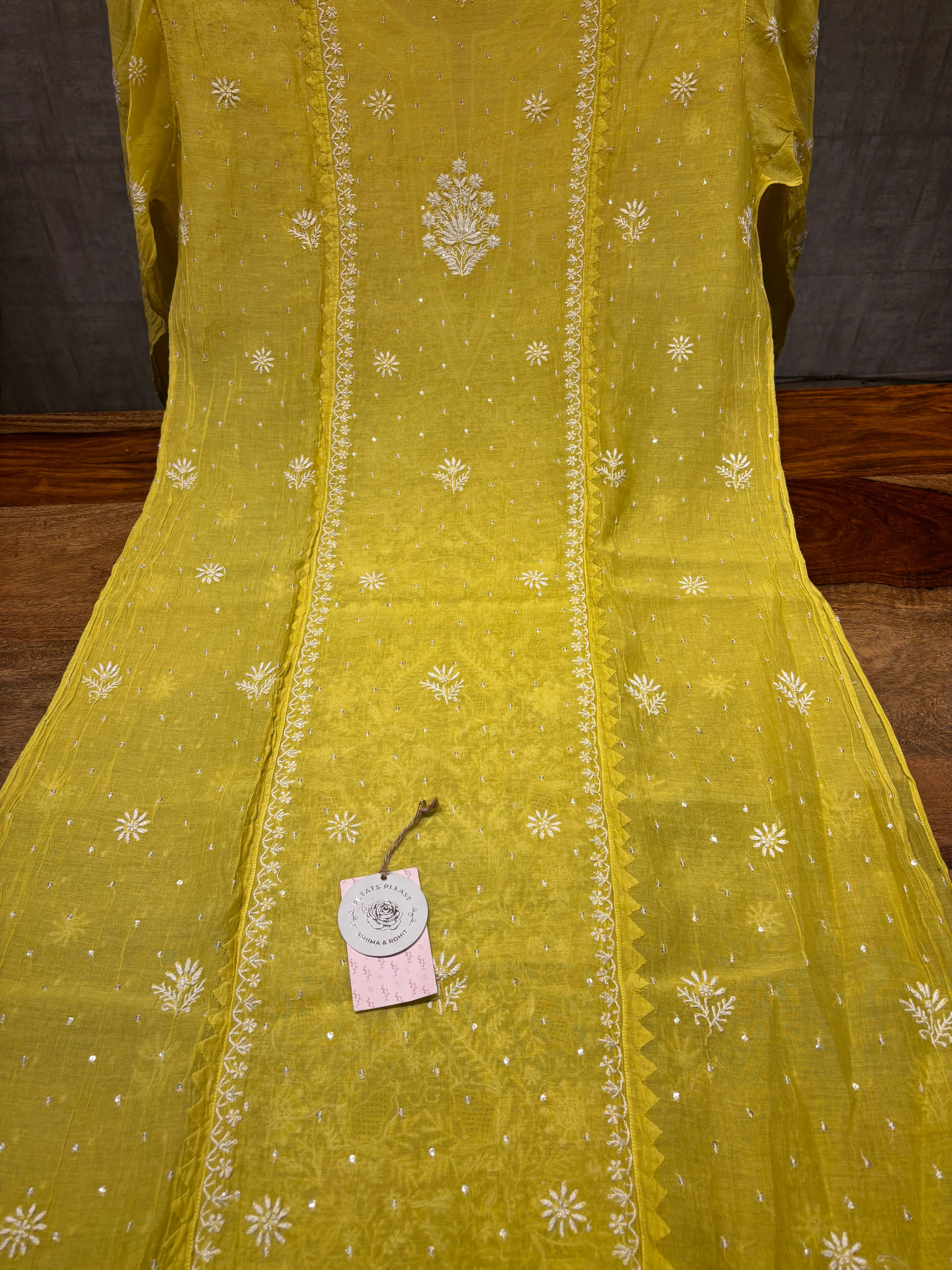 Lime Yellow Chanderi Mul Chikankari Kurta and Dupatta set