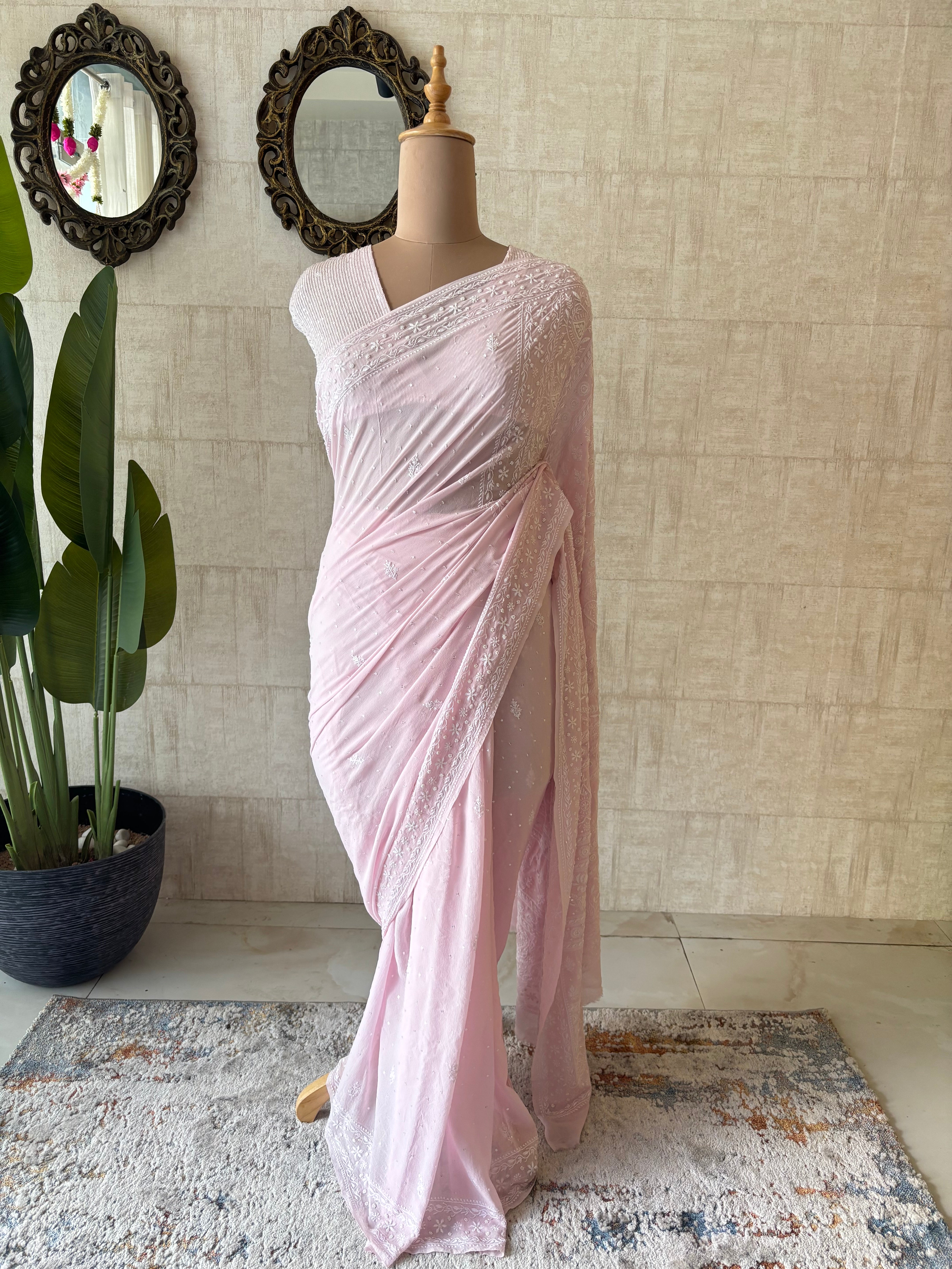 Pink Pure & Premium Georgette Chikankari Saree & Blouse