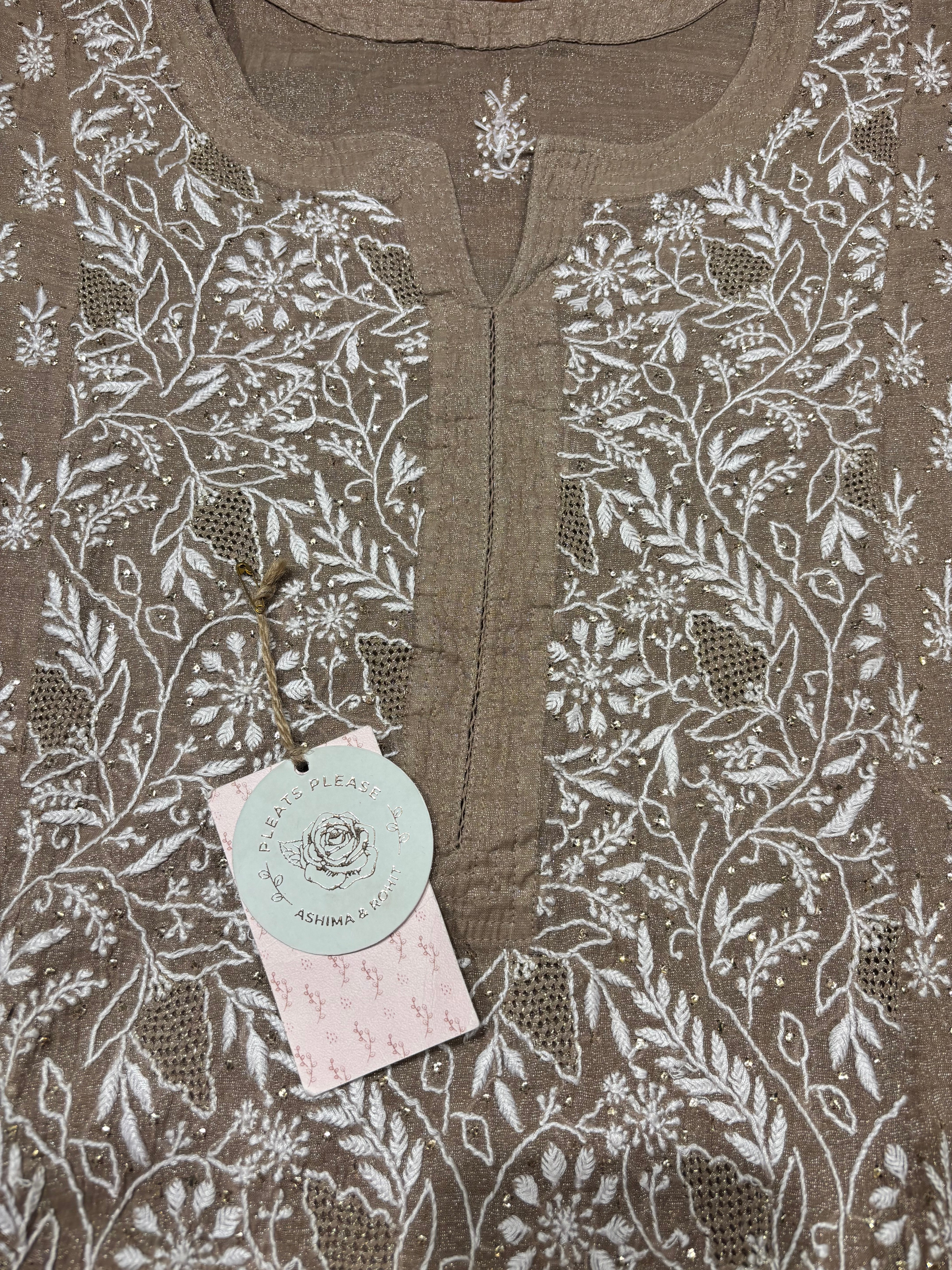 Brown Pure And Premium Tissue Chikankari Kurta And Dupatta Set