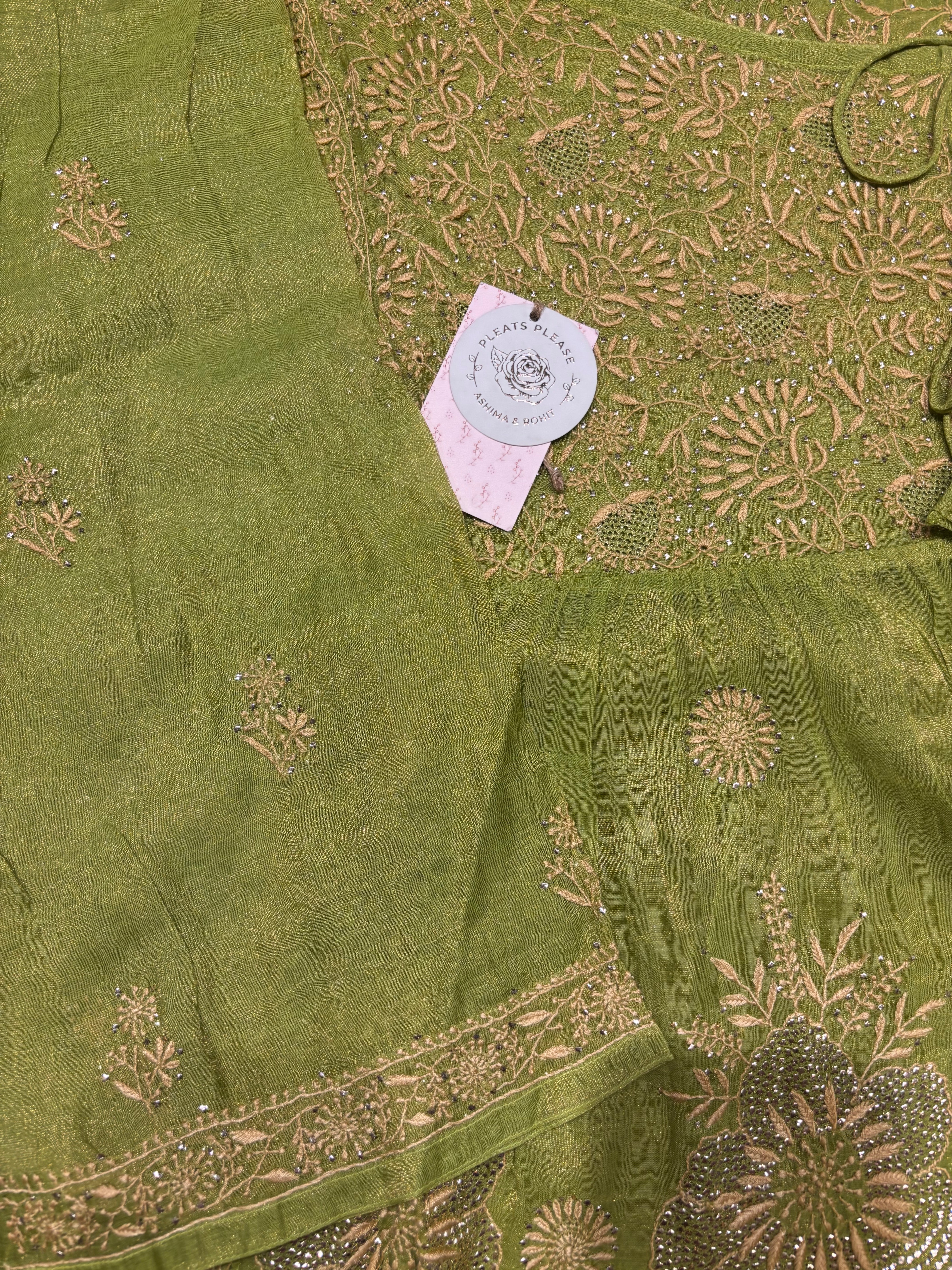 Green Pure and Premium Tissue Chikankari & Mukaish Angrakha Kurta and Dupatta Set