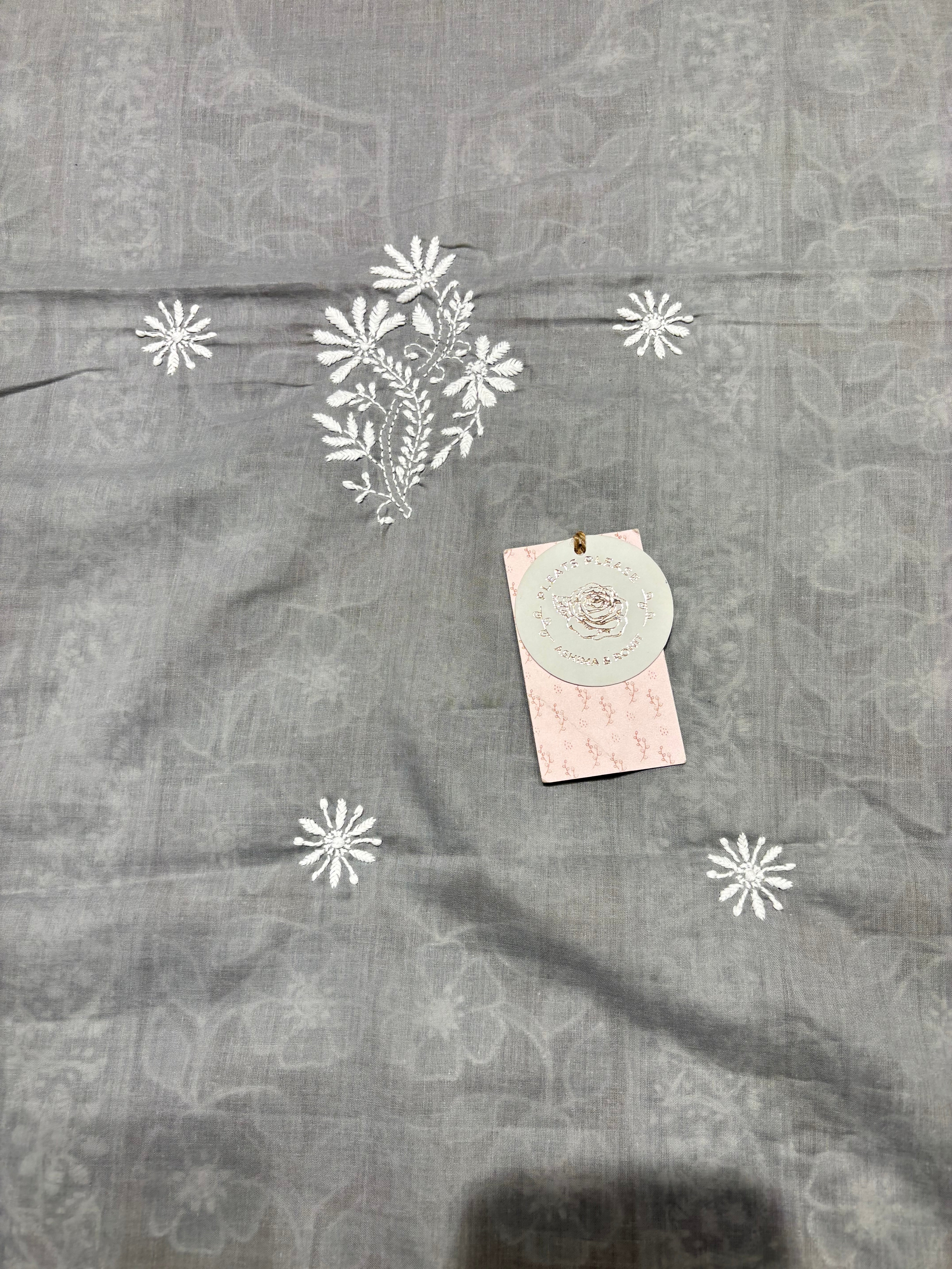 Gray Mulmul Soft Net Chikankari Applique Kurta And Dupatta Fabric