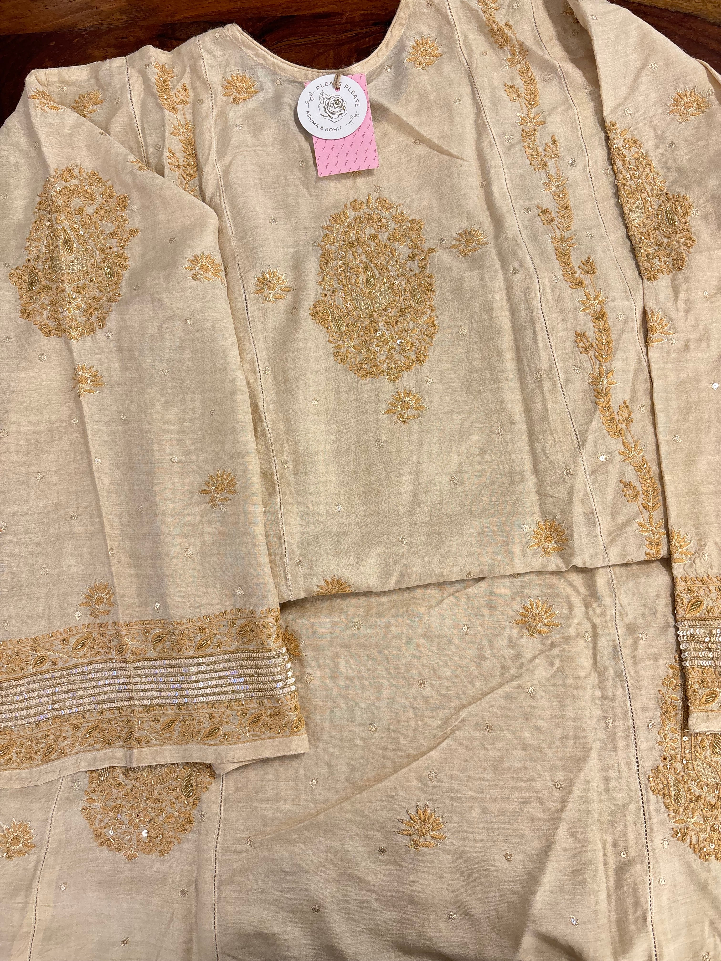 Dyeable Natural Monga Silk Chikankari A-Line Kurta & Dupatta - Pleats PleaseChikankari