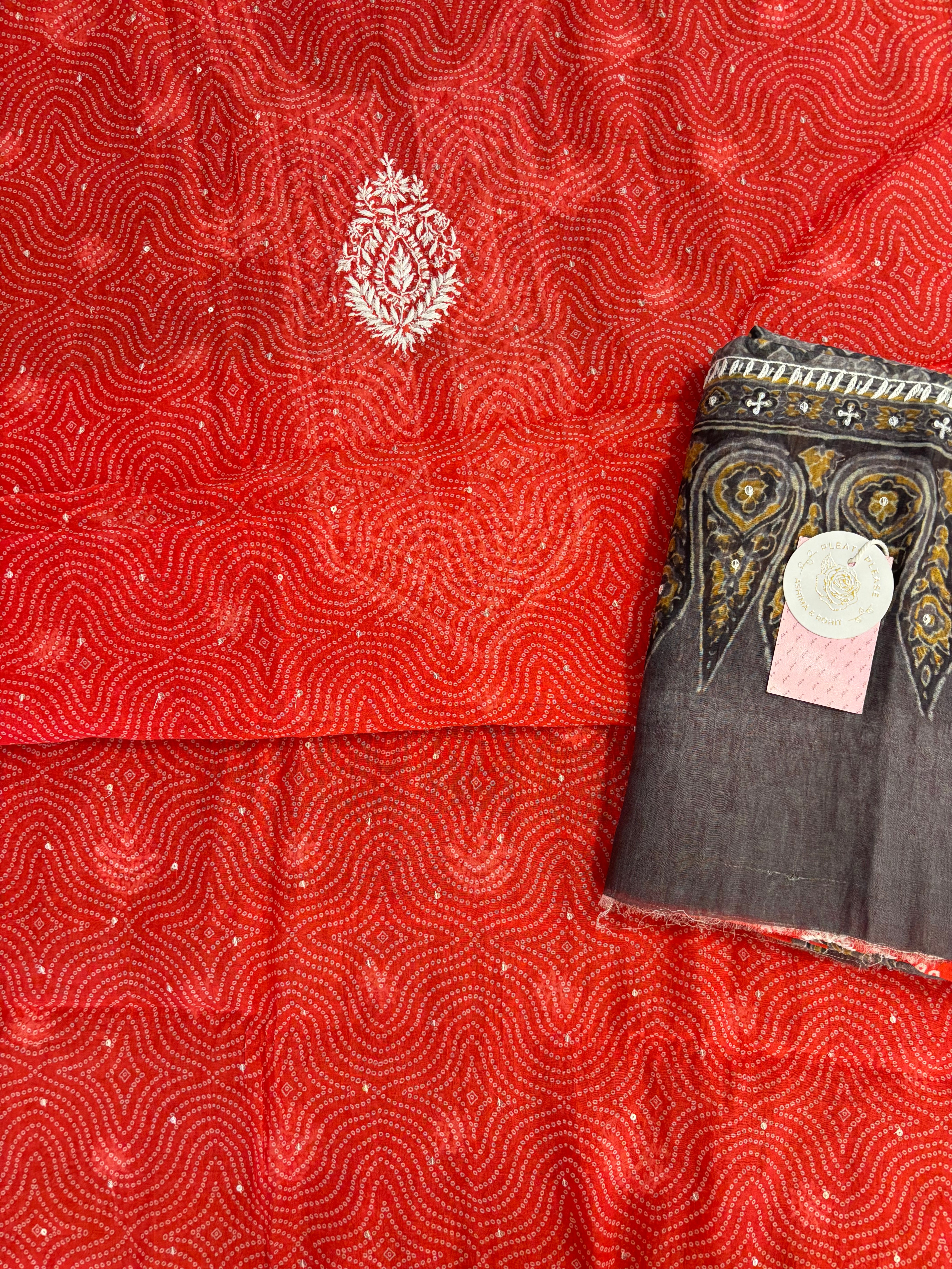 Coral Peach Chanderi Mul Bandhej Chikankari Kurta & Dupatta - Pleats PleaseChikankari
