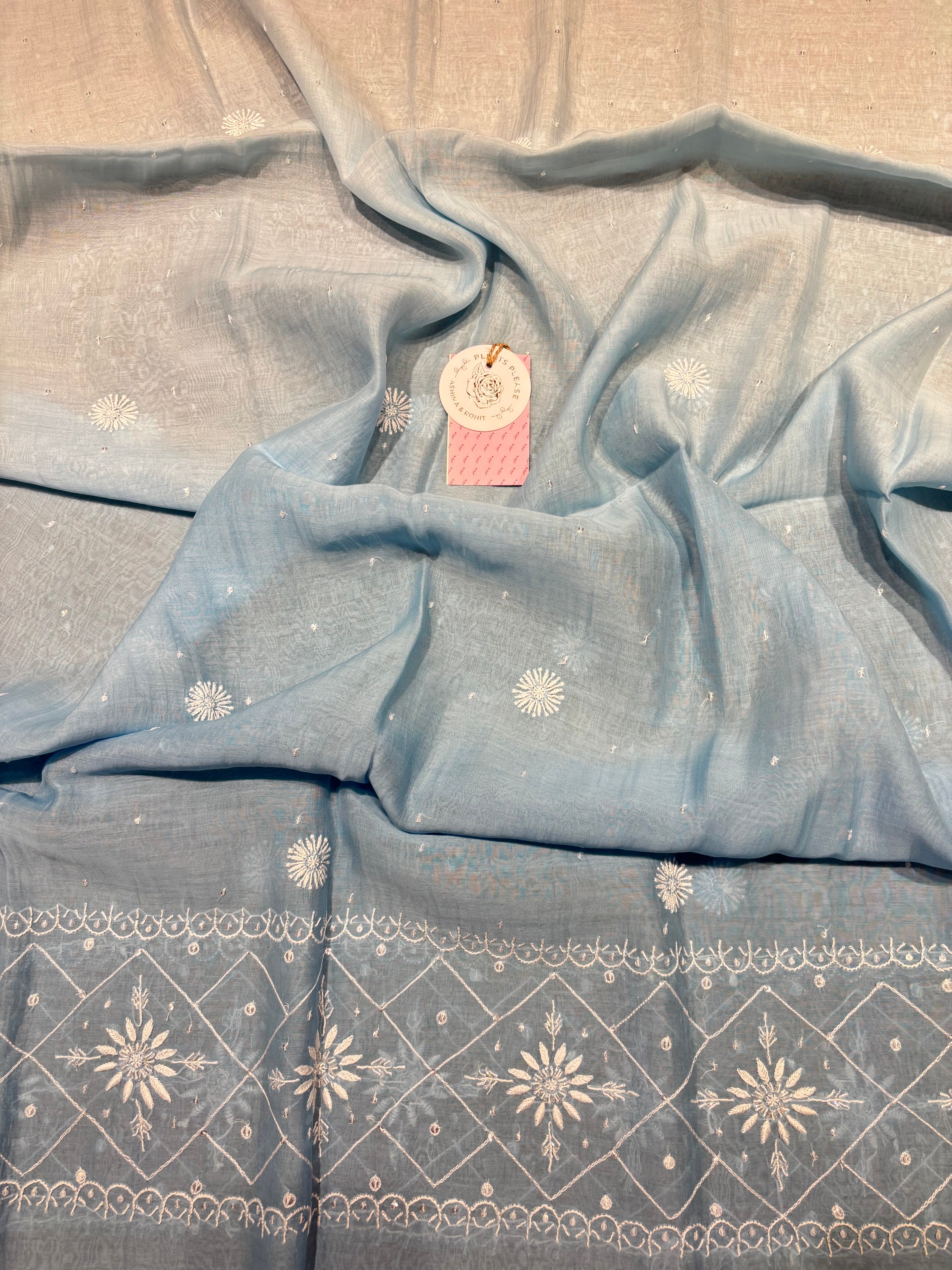 Powder Blue Ombre Chanderi Mul Chikankari Kurta & Dupatta aset
