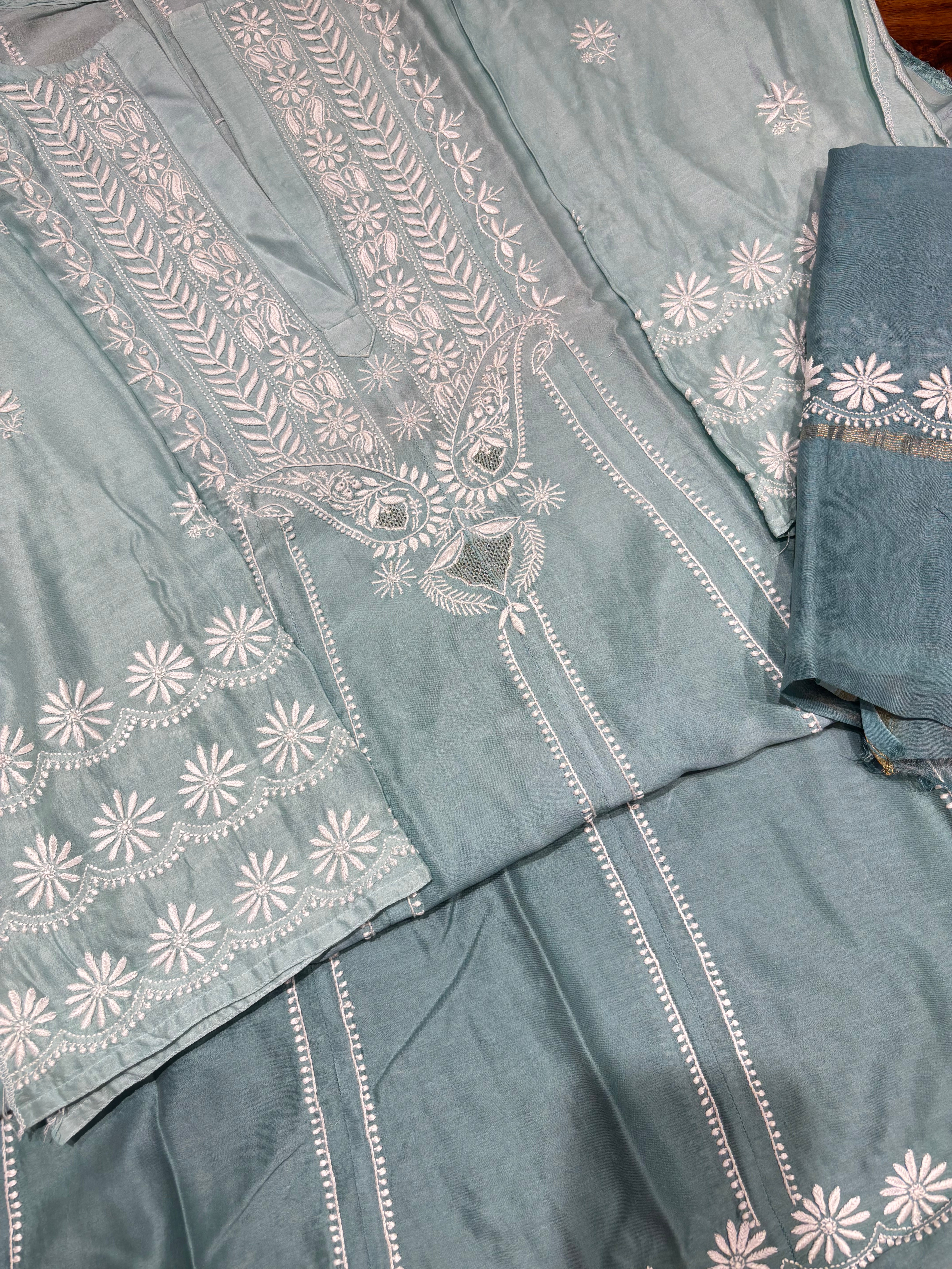 Aqua Blue Chanderi Silk Chikankari Anarkali & Dupatta Set