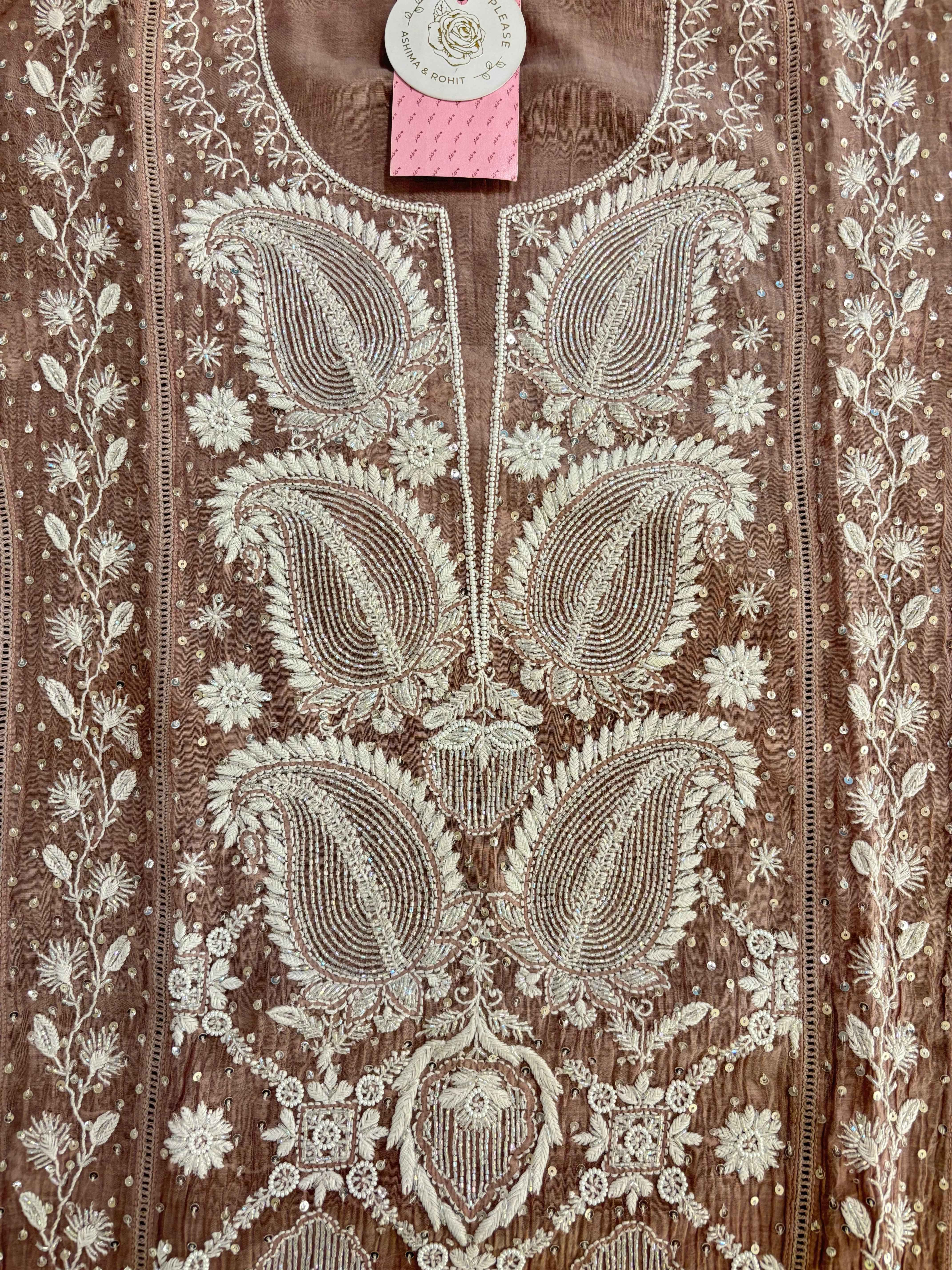 Earthy Brown Ombré Chanderi Chikankari Kurta & Dupatta