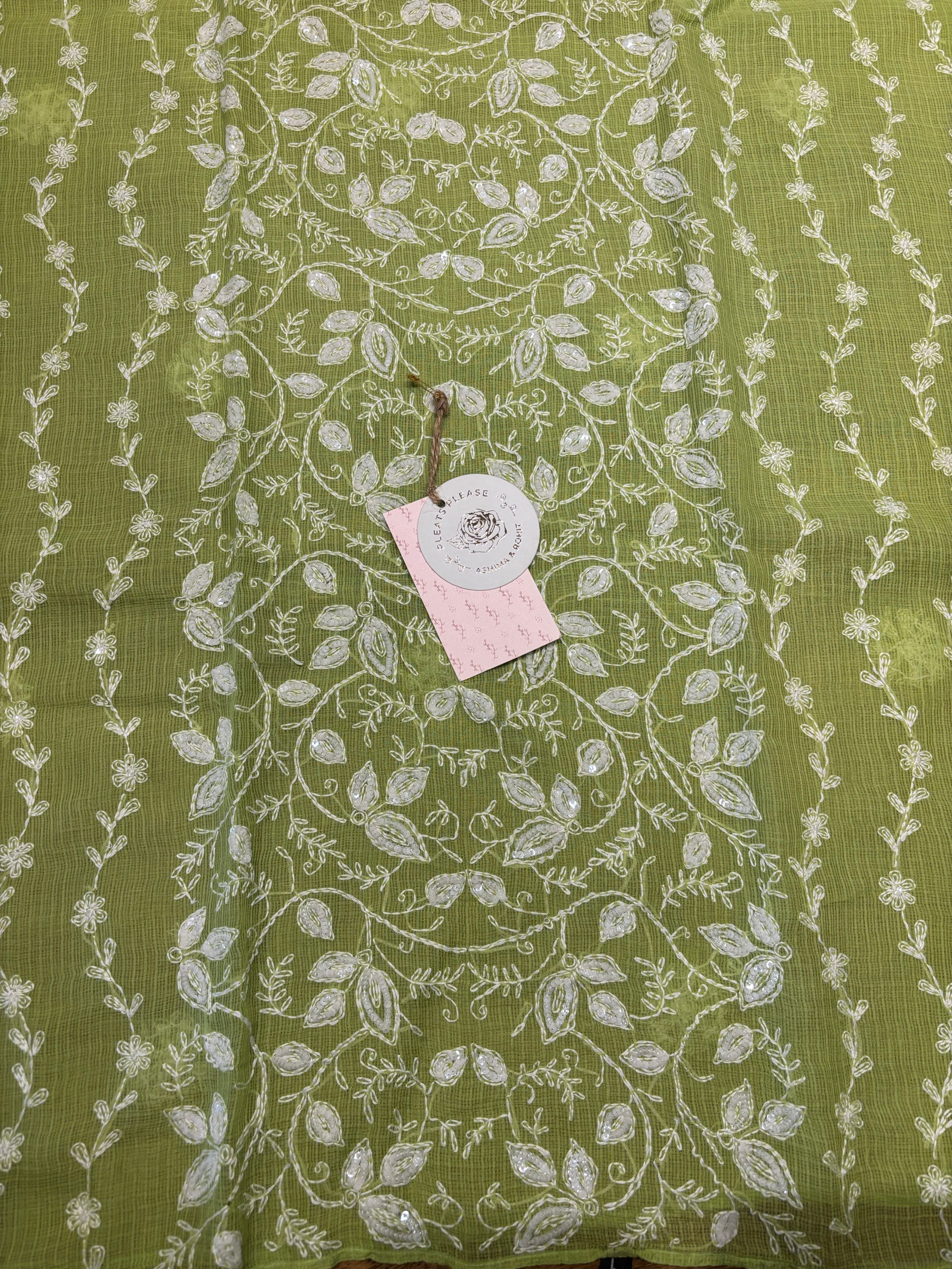 Parrot Green Kota Doria Chikankari Kurta And Dupatta Set