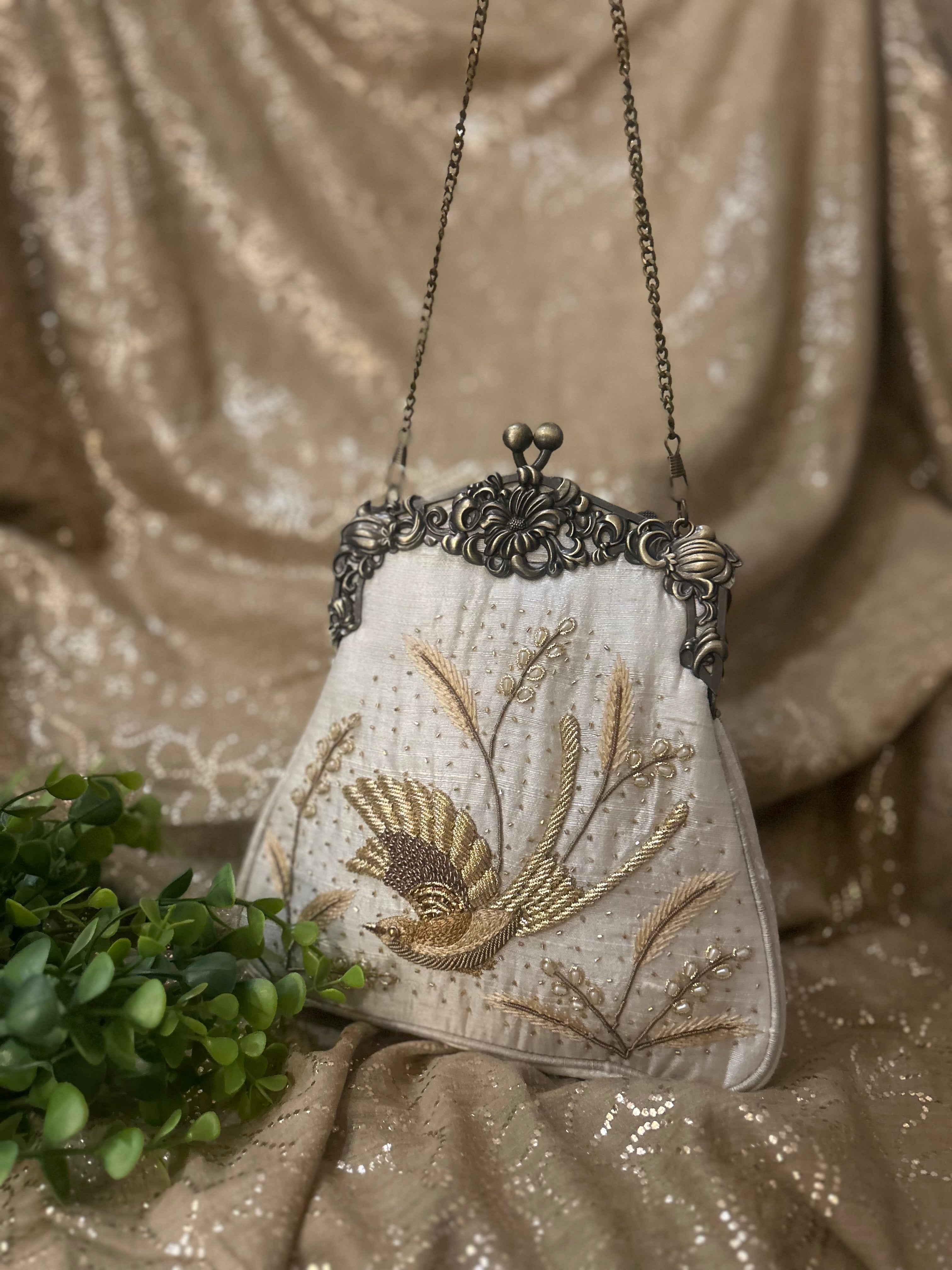 Ivory Zardozi Chikankari Clutch Bag - Pleats PleaseChikankari