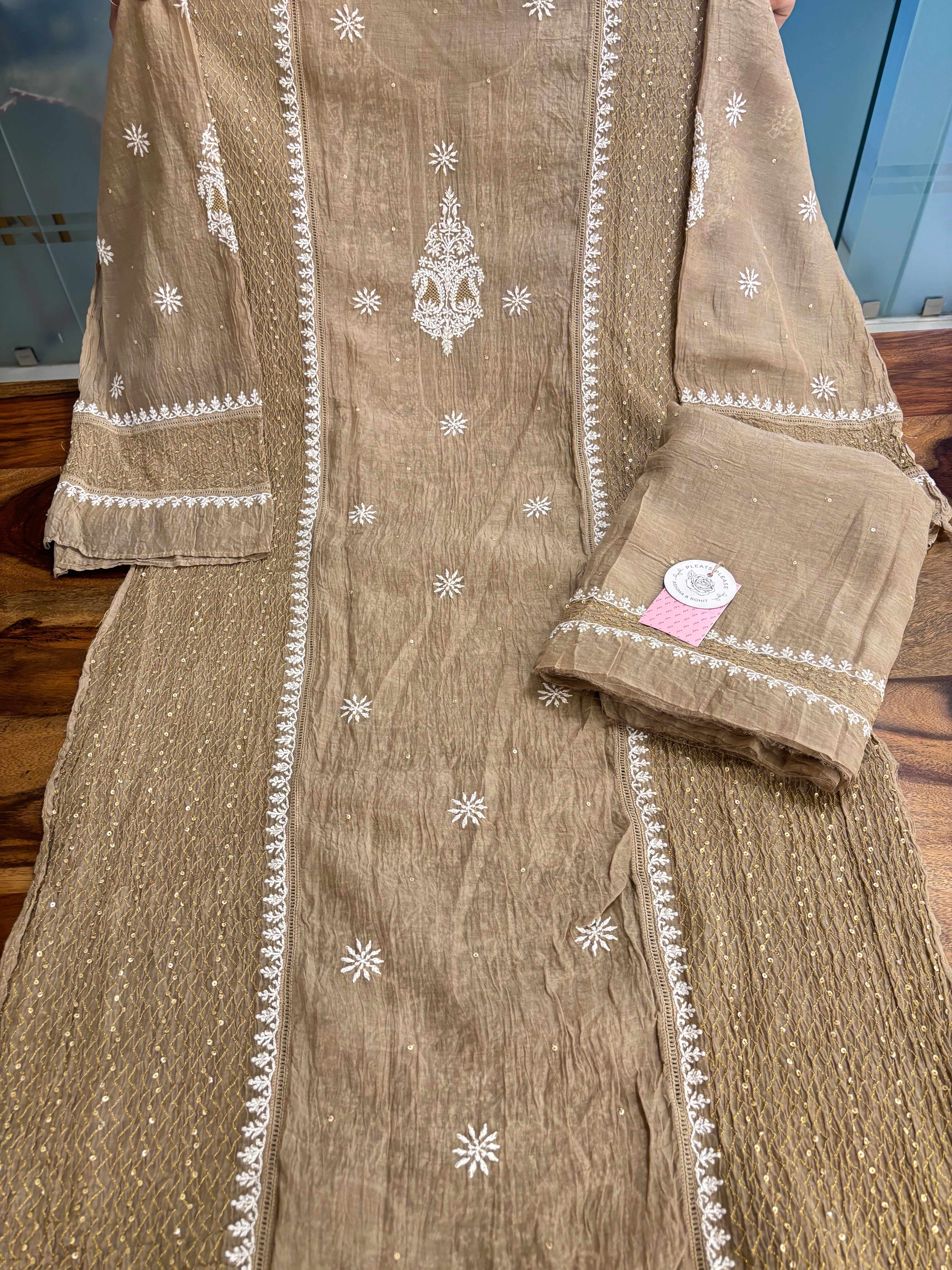 Camel Brown Chanderi Chikankari Kurta & Dupatta