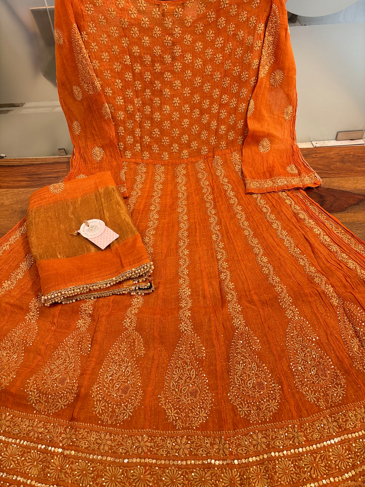 Burnt Orange Pure & Premium Tissue Chikankari Mukaish Bajirao Anarkali & Dupatta