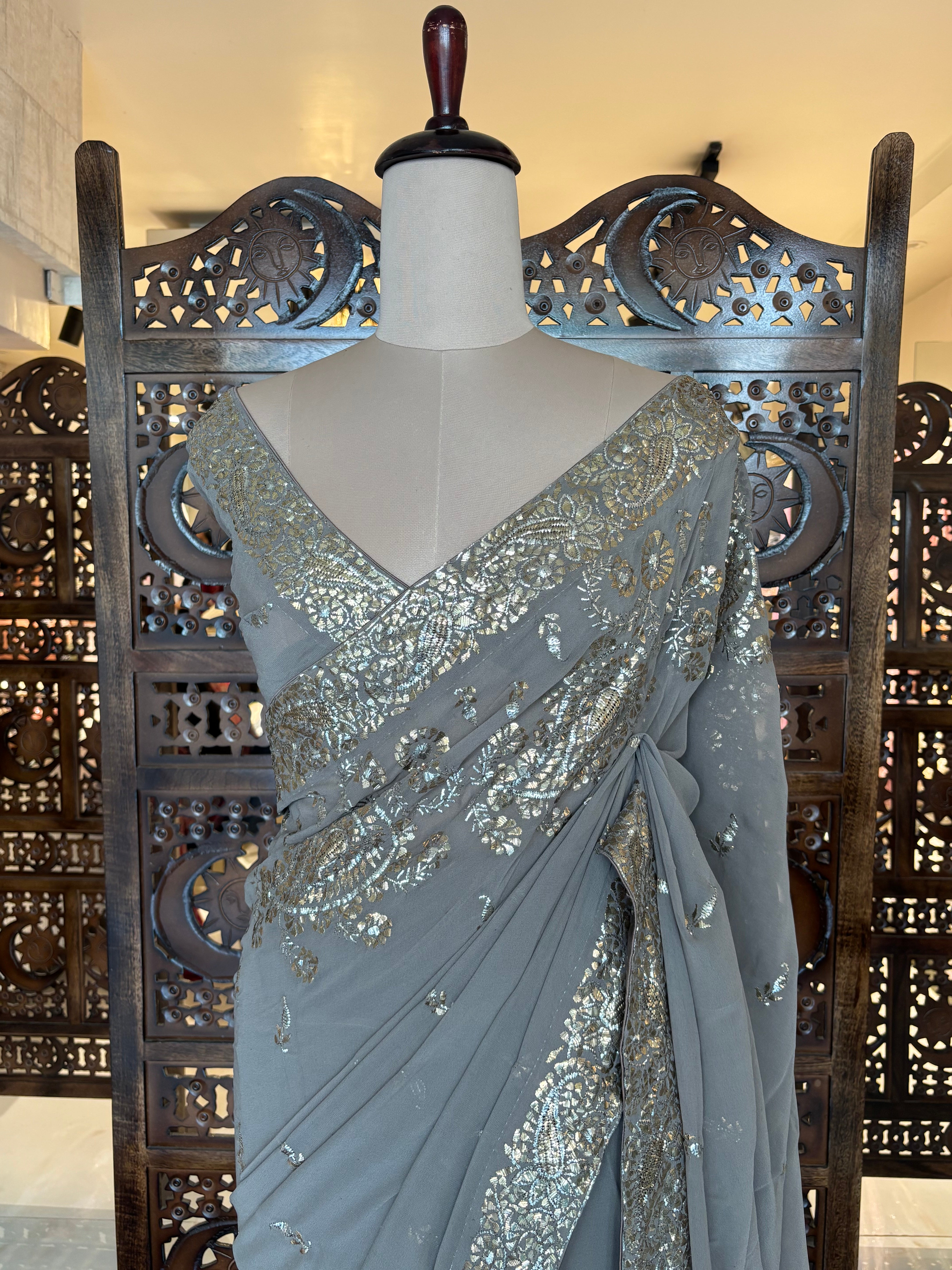 Ash brown Pure & Premium Georgette Badla Mukaish Saree & Blouse - Pleats PleaseChikankari