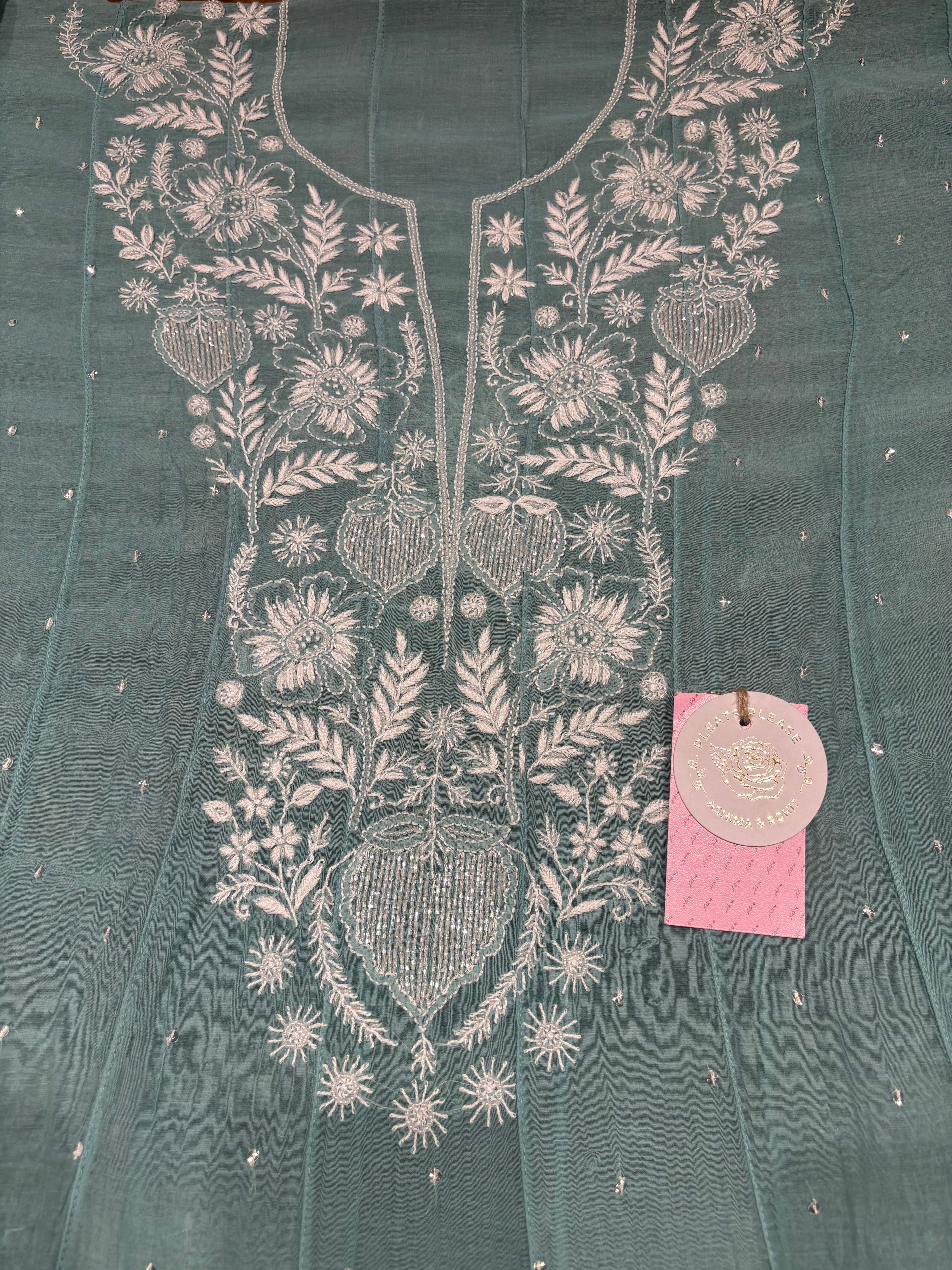 Turquoise Green Chanderi Mul Chikankari Anarkali & Dupatta Set