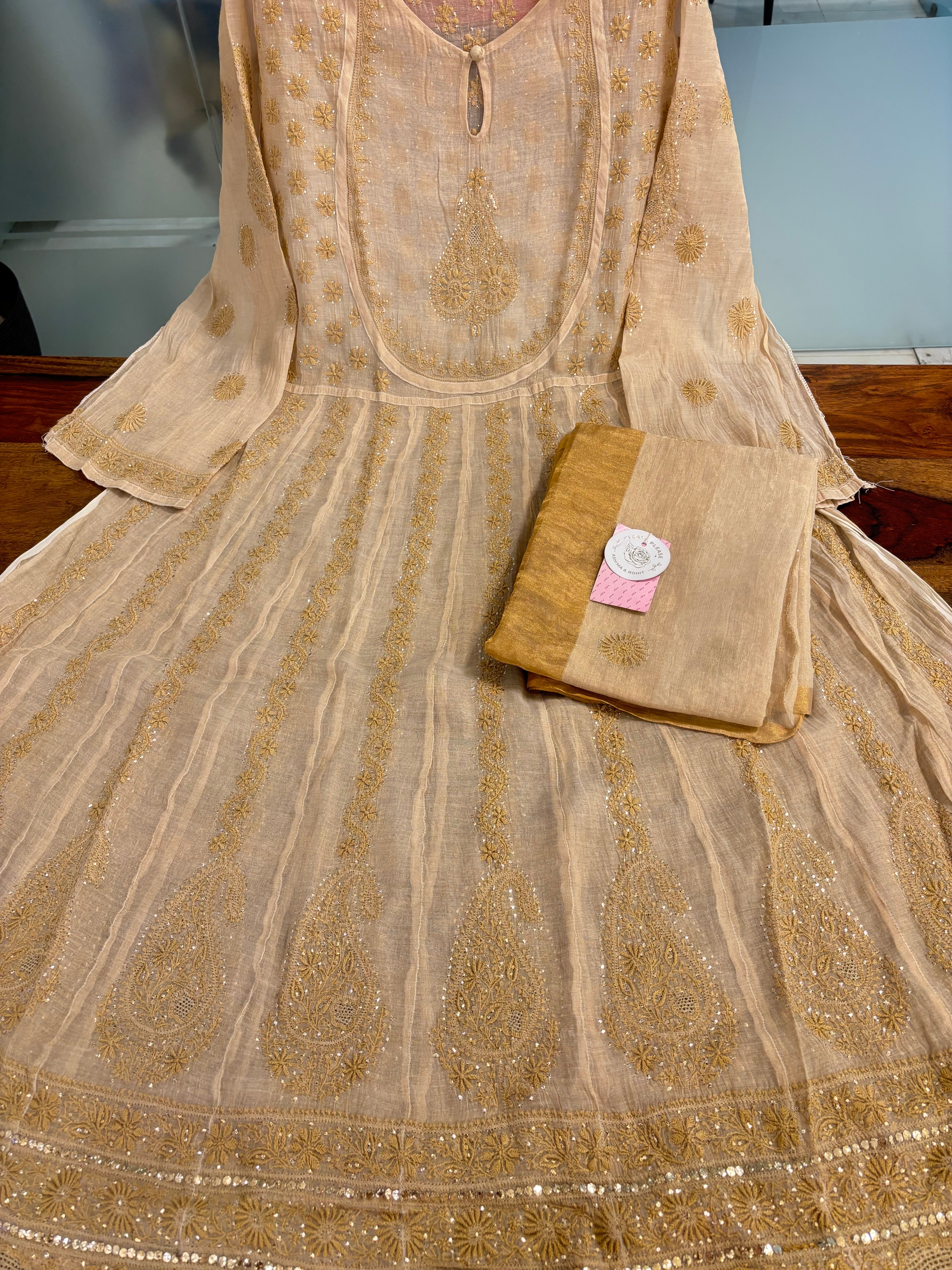 Dyeable Pure & Premium Tissue Mukaish Chikankari Bajirao Anarkali & Dupatta