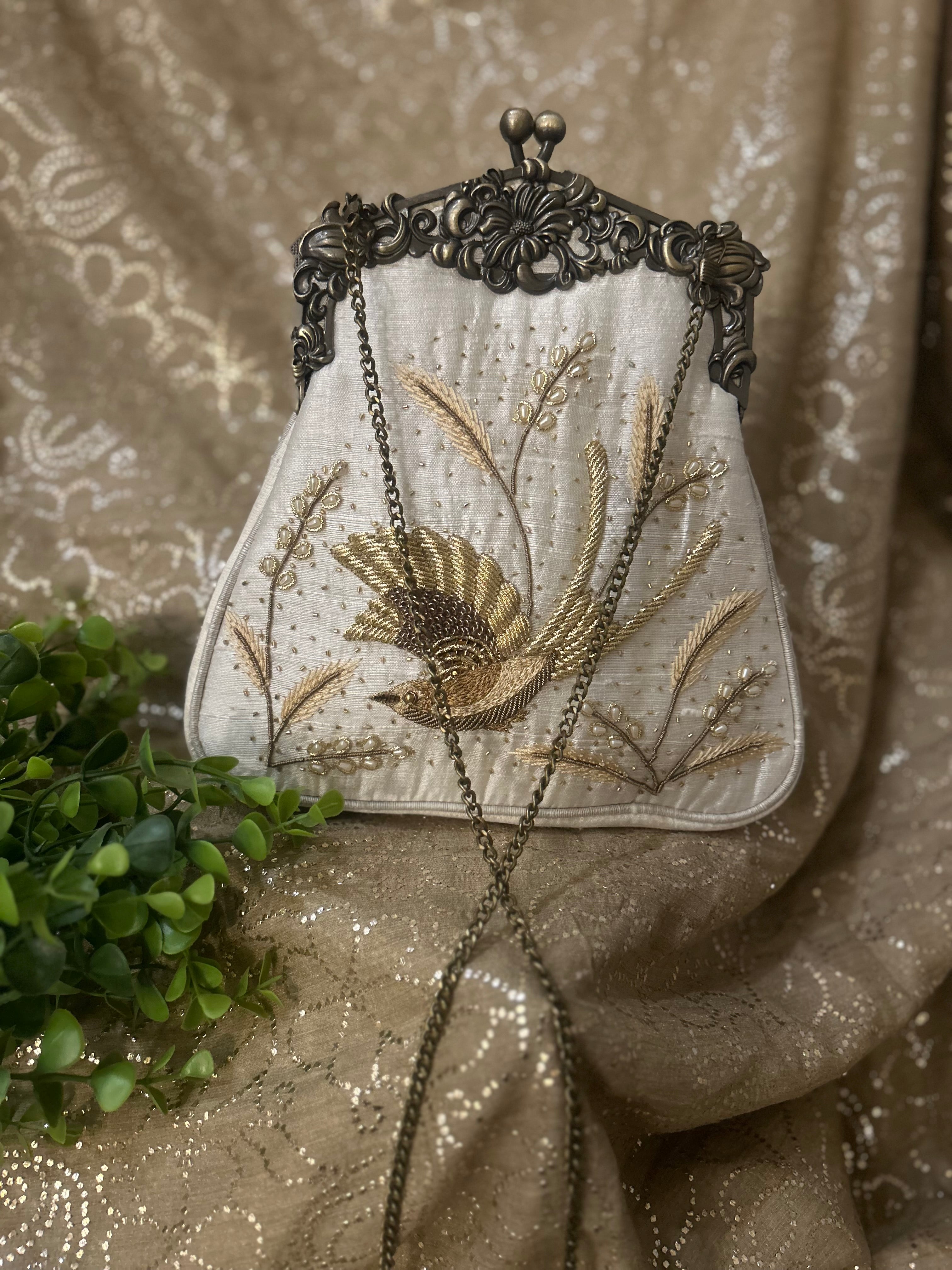 Ivory Zardozi Chikankari Clutch Bag - Pleats PleaseChikankari
