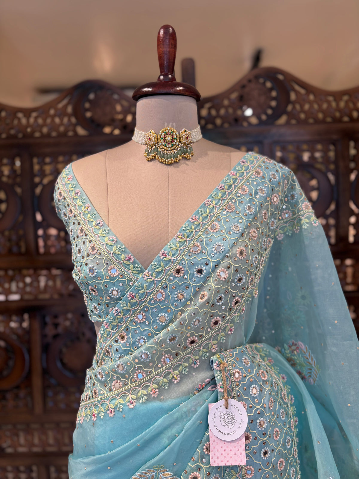 Pastel Blue Organza Mirror Chikankari Saree