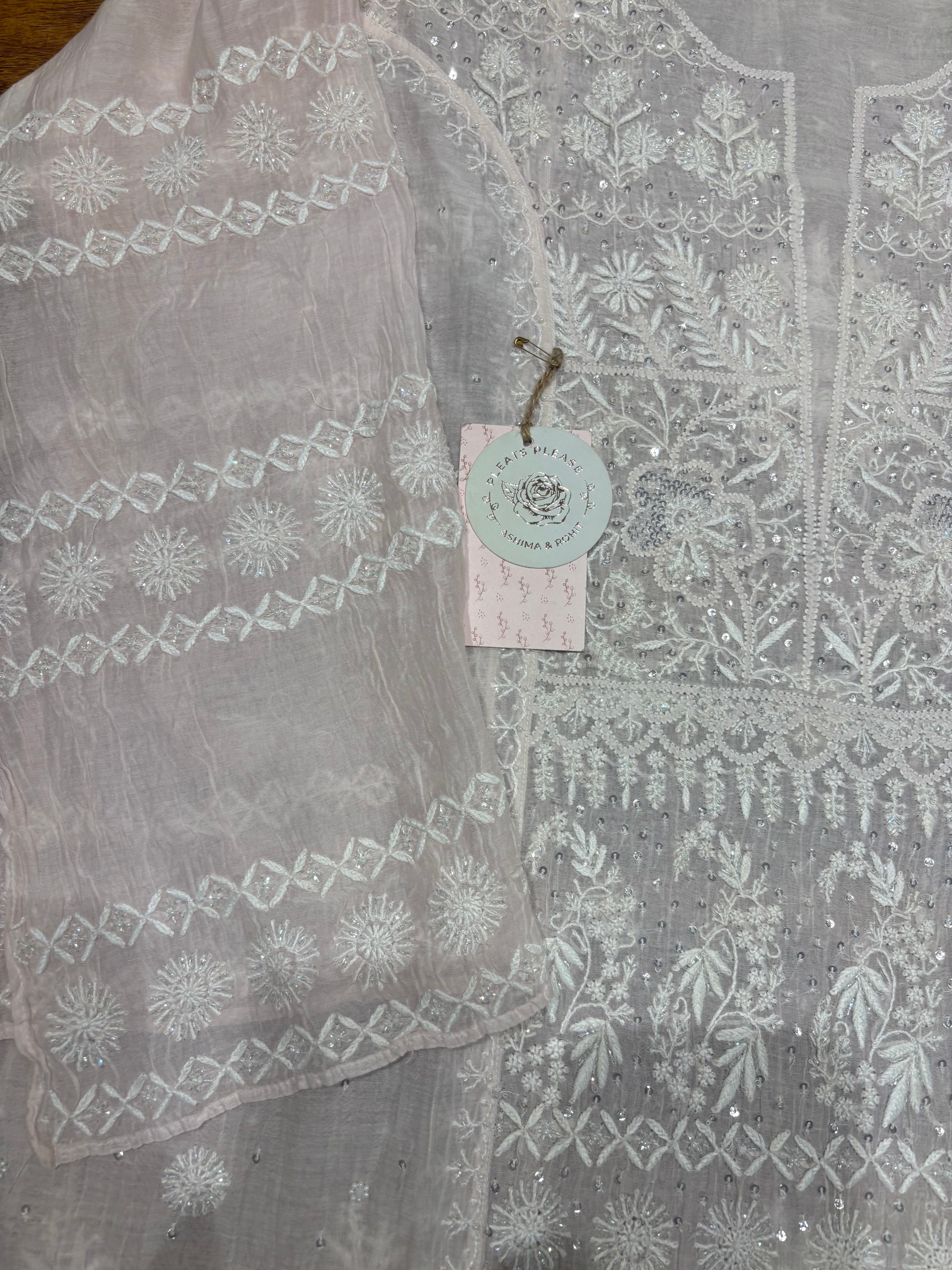 Rosé Cloud Chanderi Mul Chikankari Straight Kurta And Dupatta Set