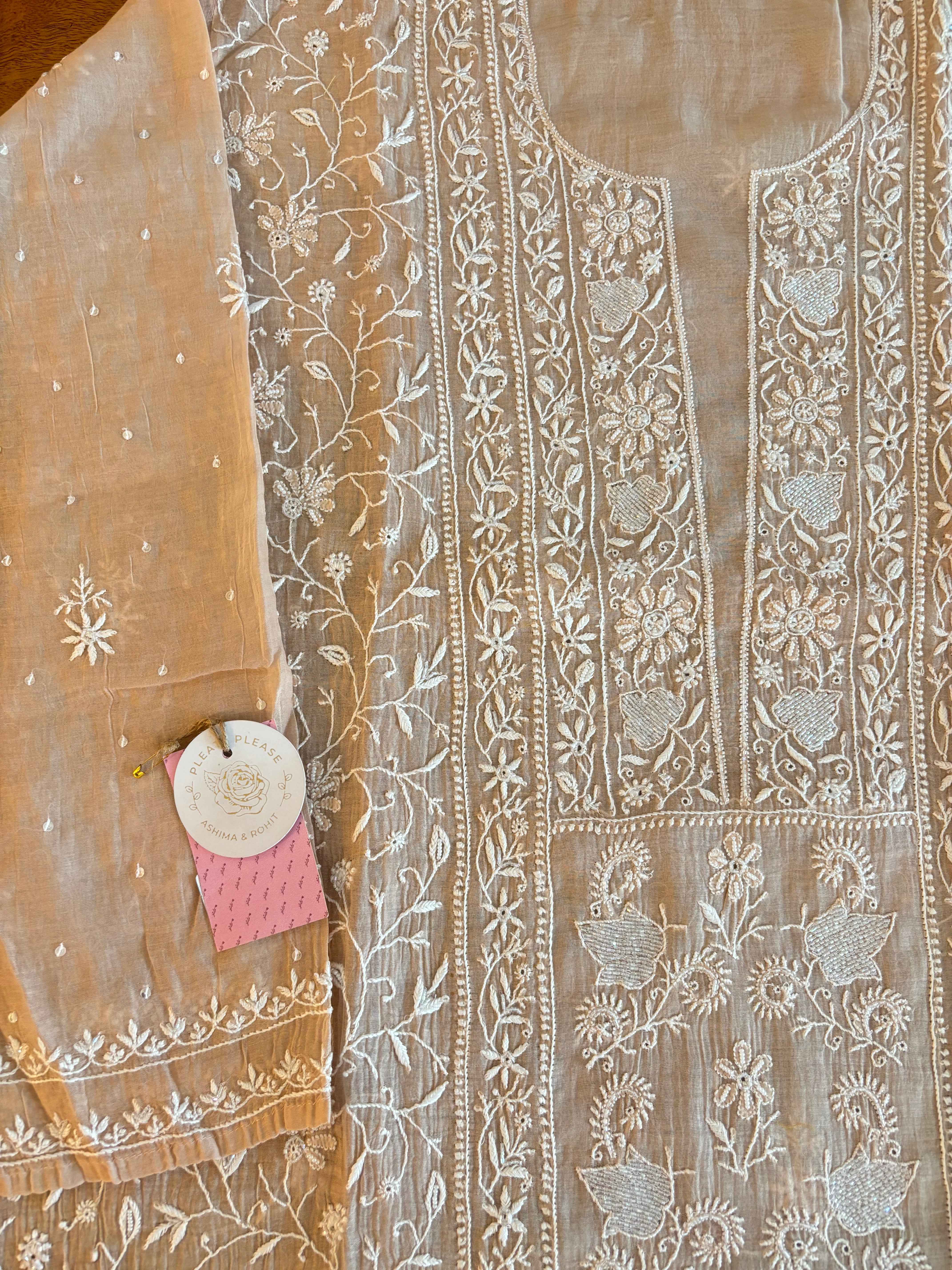 Blush Cream Chanderi Chikankari Kurta & Dupatta