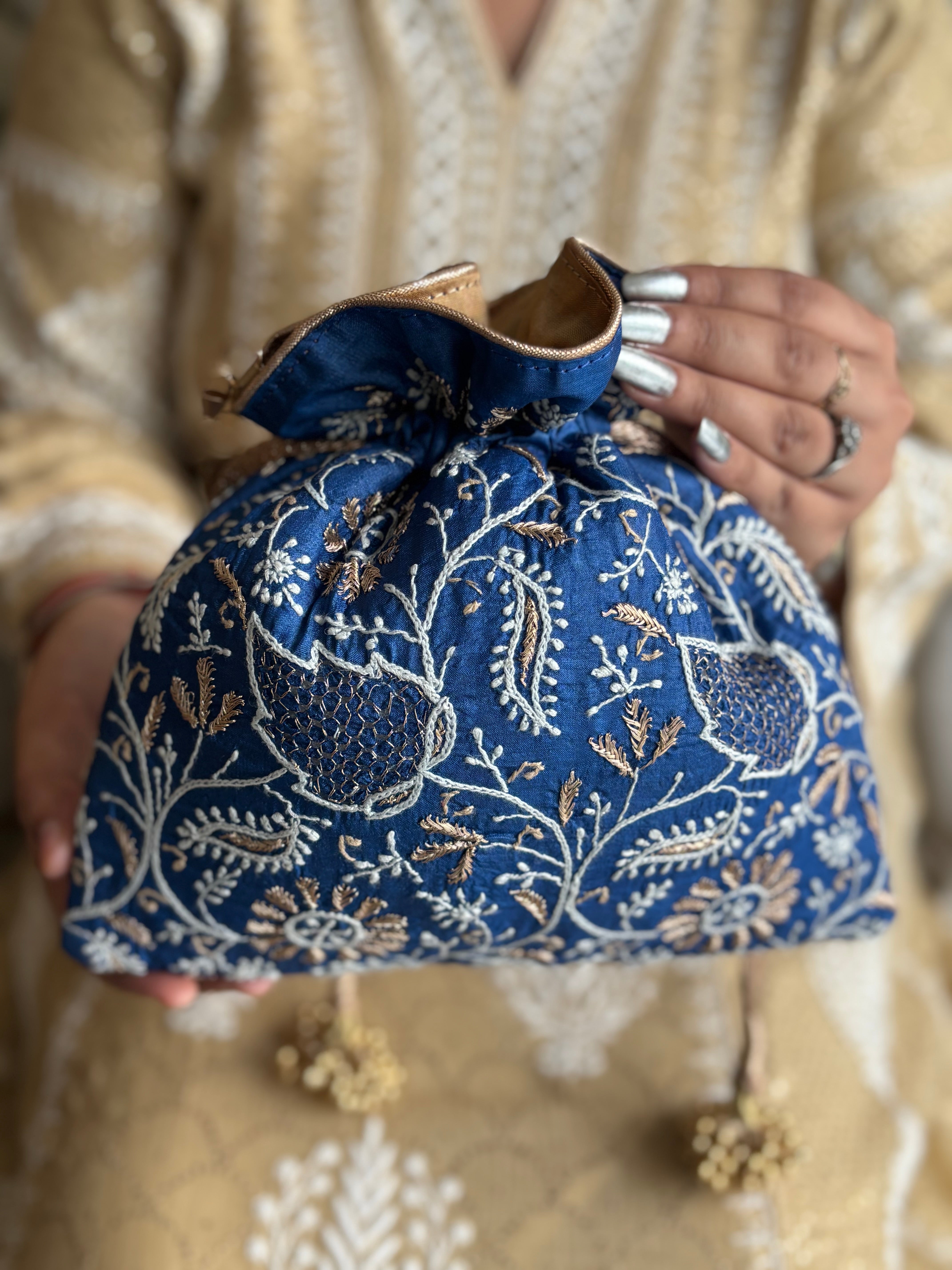 Blue Silk Chikankari Potli