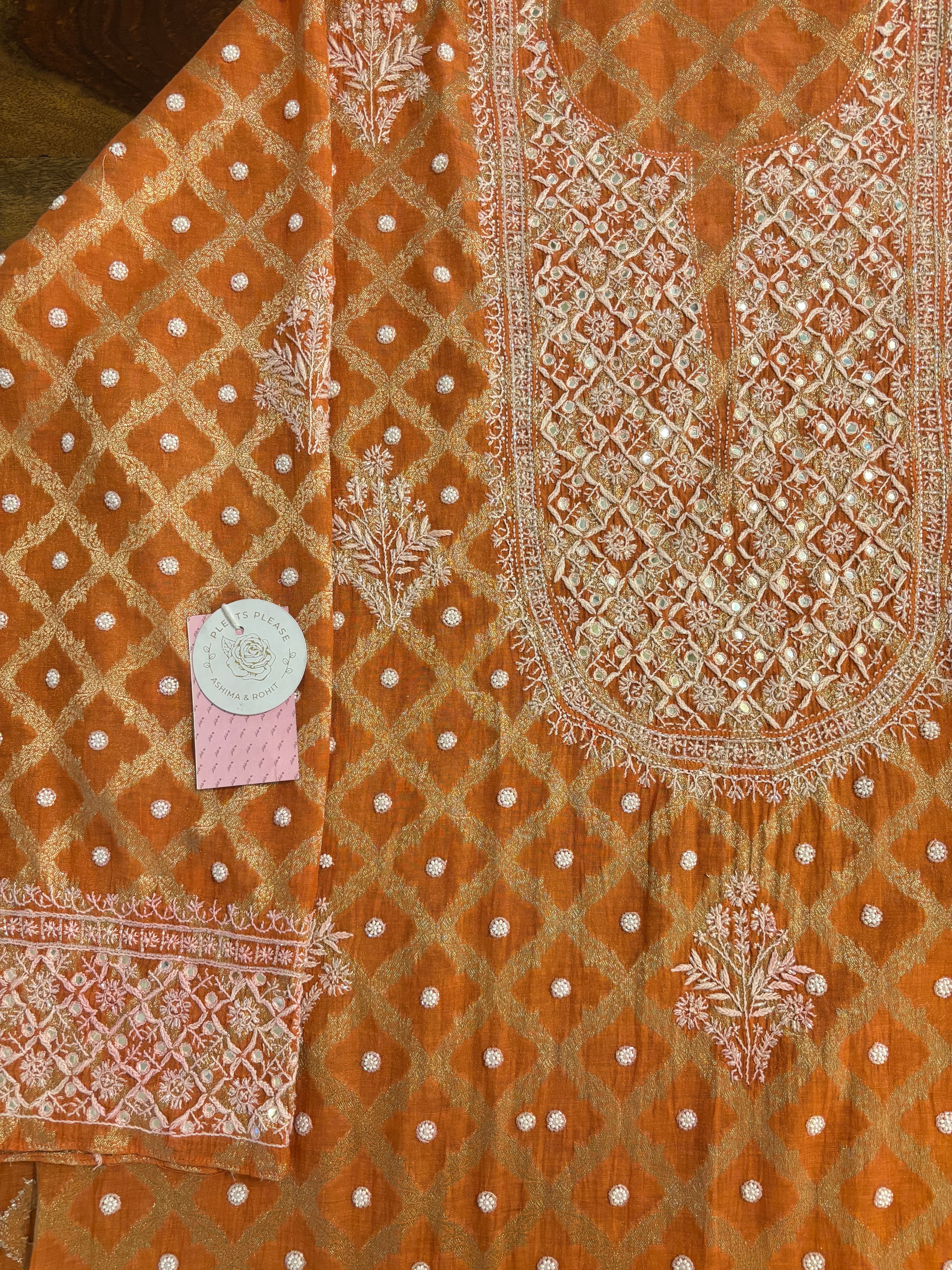 Burnt Orange Pure Tissue Chanderi Banarasi Silk Chikankari Kurta & Dupatta - Pleats PleaseChikankari