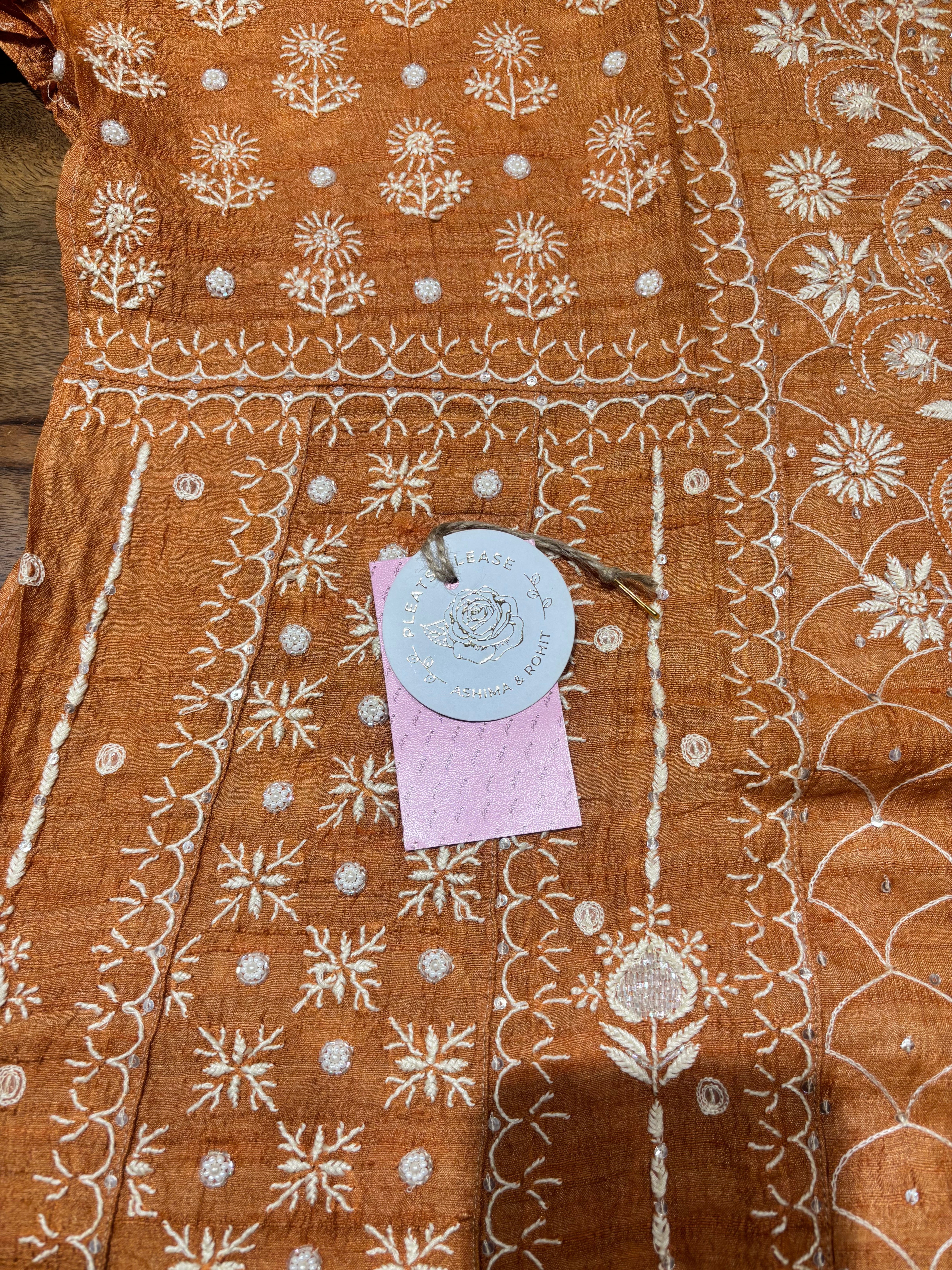 Burnt Orange Pure & Premium Tussar Silk Chikankari Anarkali & Dupatta Set