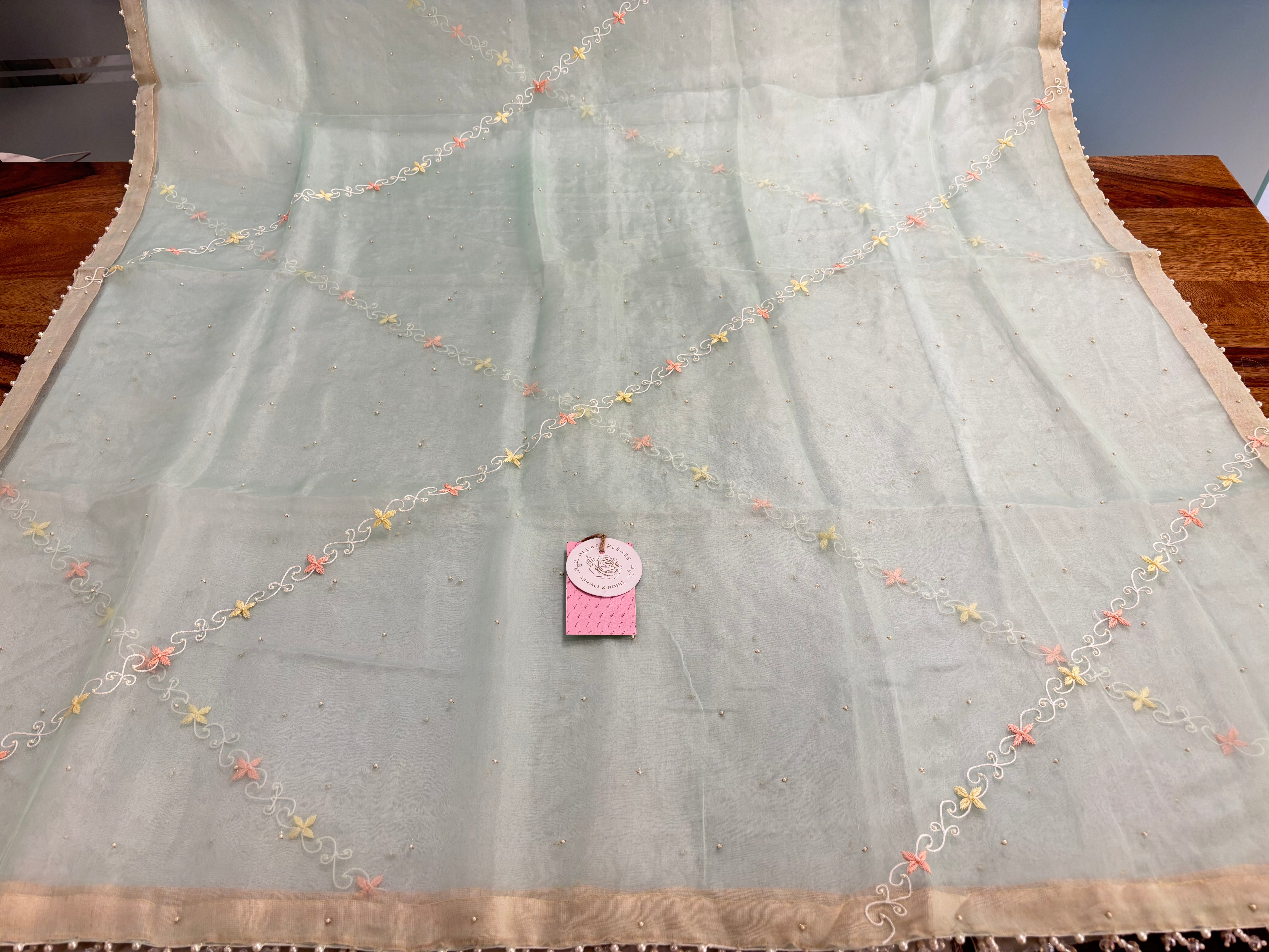 Sage Green Organza Mirror Chikankari Kurta & Dupatta